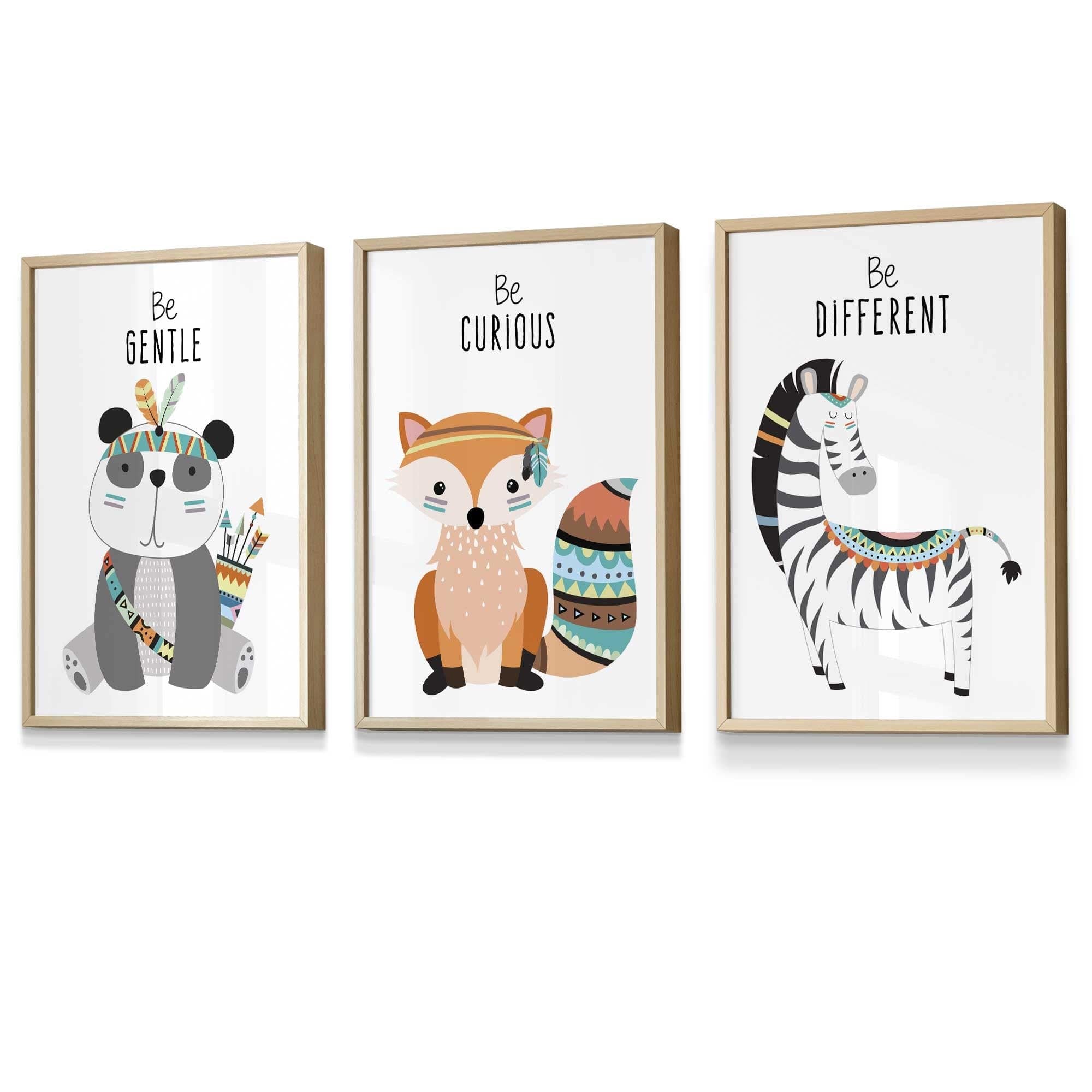 NURSERY Prints Set of 3 Panda, Fox, Zebra Tribal Quote FRAMED Kids Wall Art | Artze Wall Art UK