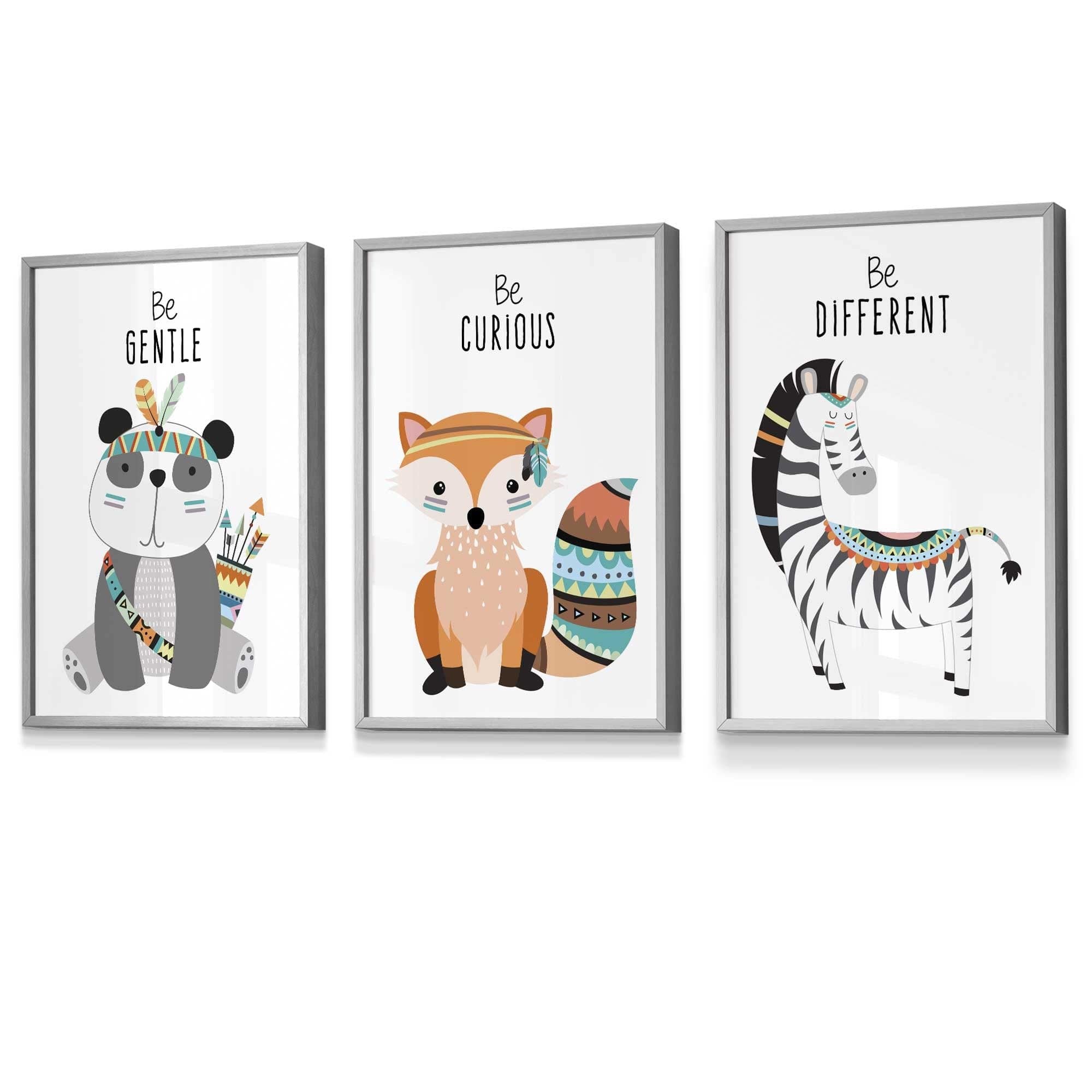 NURSERY Prints Set of 3 Panda, Fox, Zebra Tribal Quote FRAMED Kids Wall Art | Artze Wall Art UK