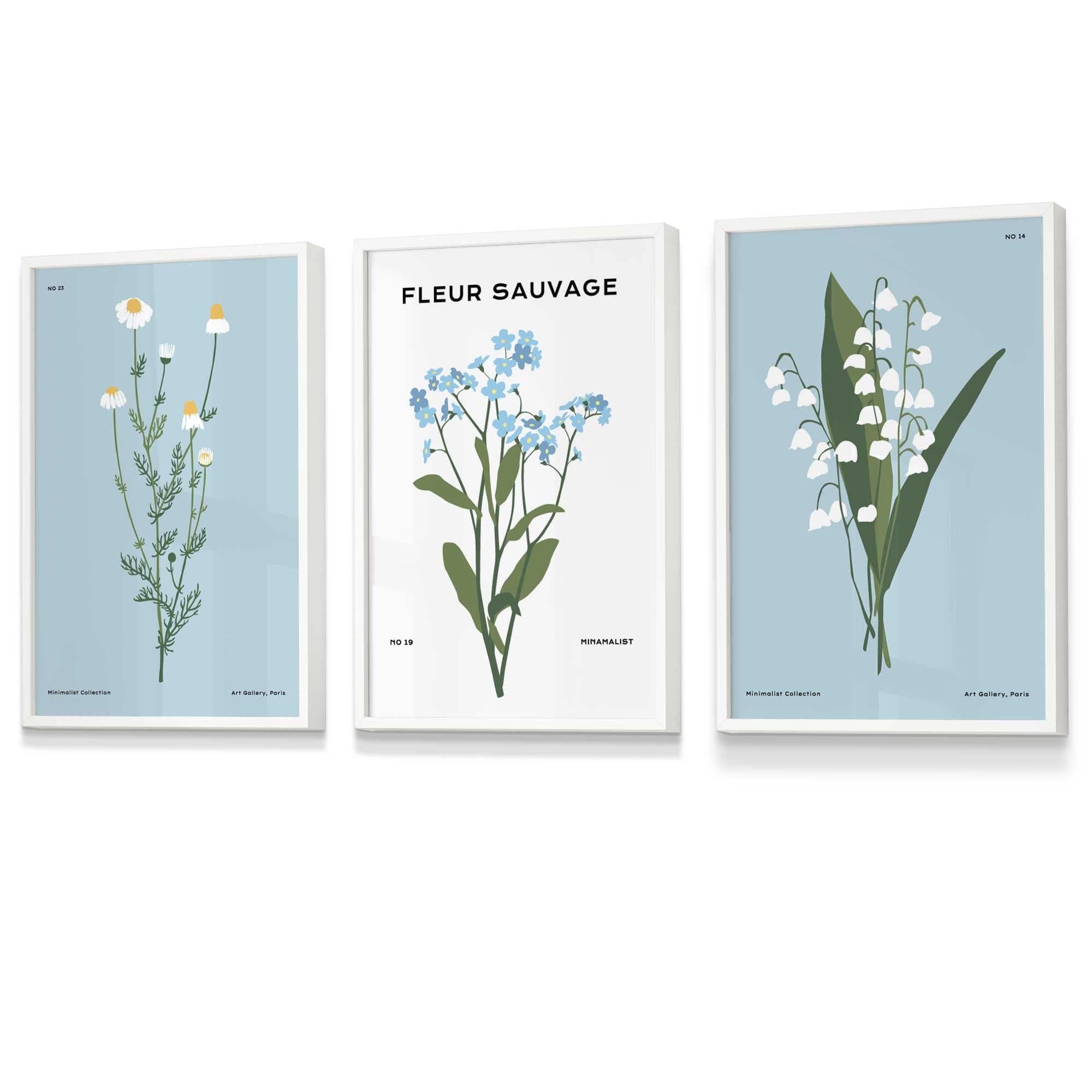 Set of 3 Vintage Graphical Blue Spring Wild Flower Market FRAMED Wall Art Prints / Posters | Artze Wall Art UK
