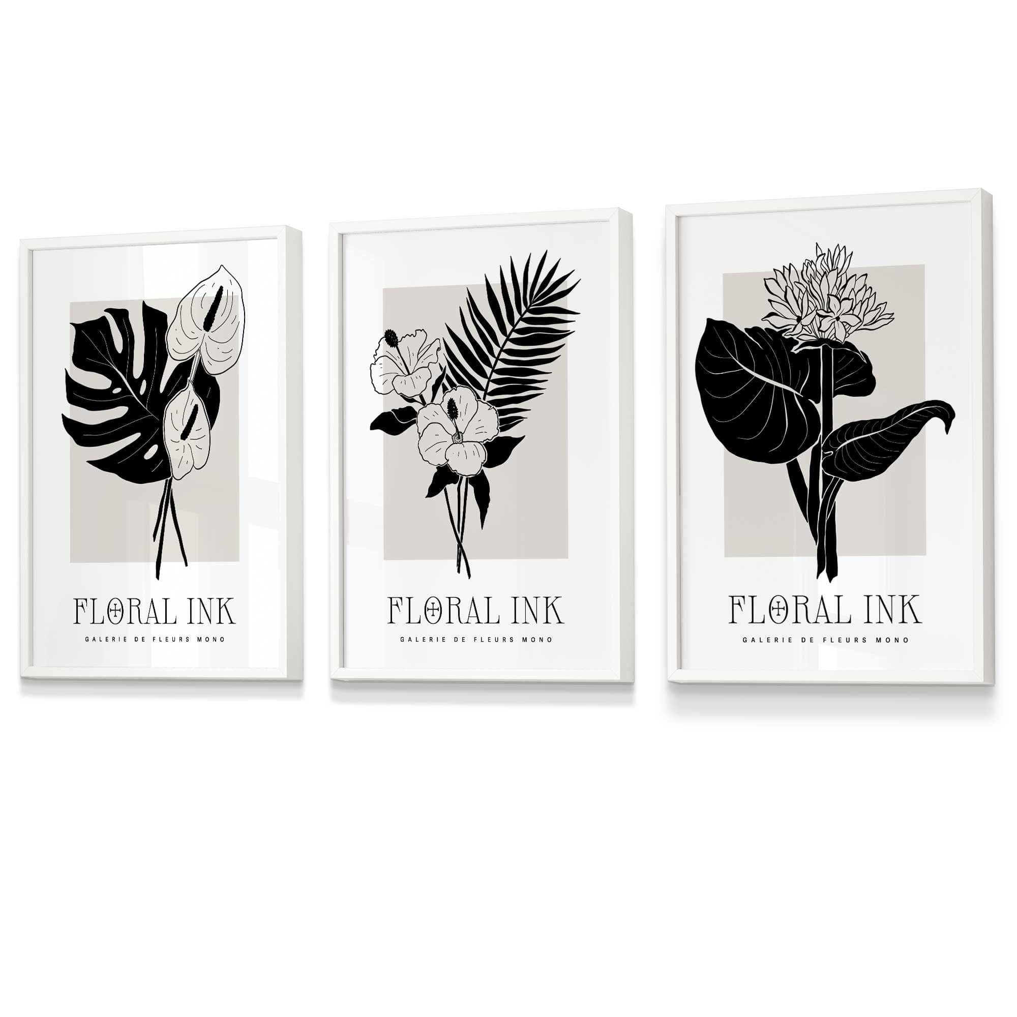 Framed Set of 3 Floral Sketch Ink Botanical Leaves in Black and Beige | Artze Wall Art UK