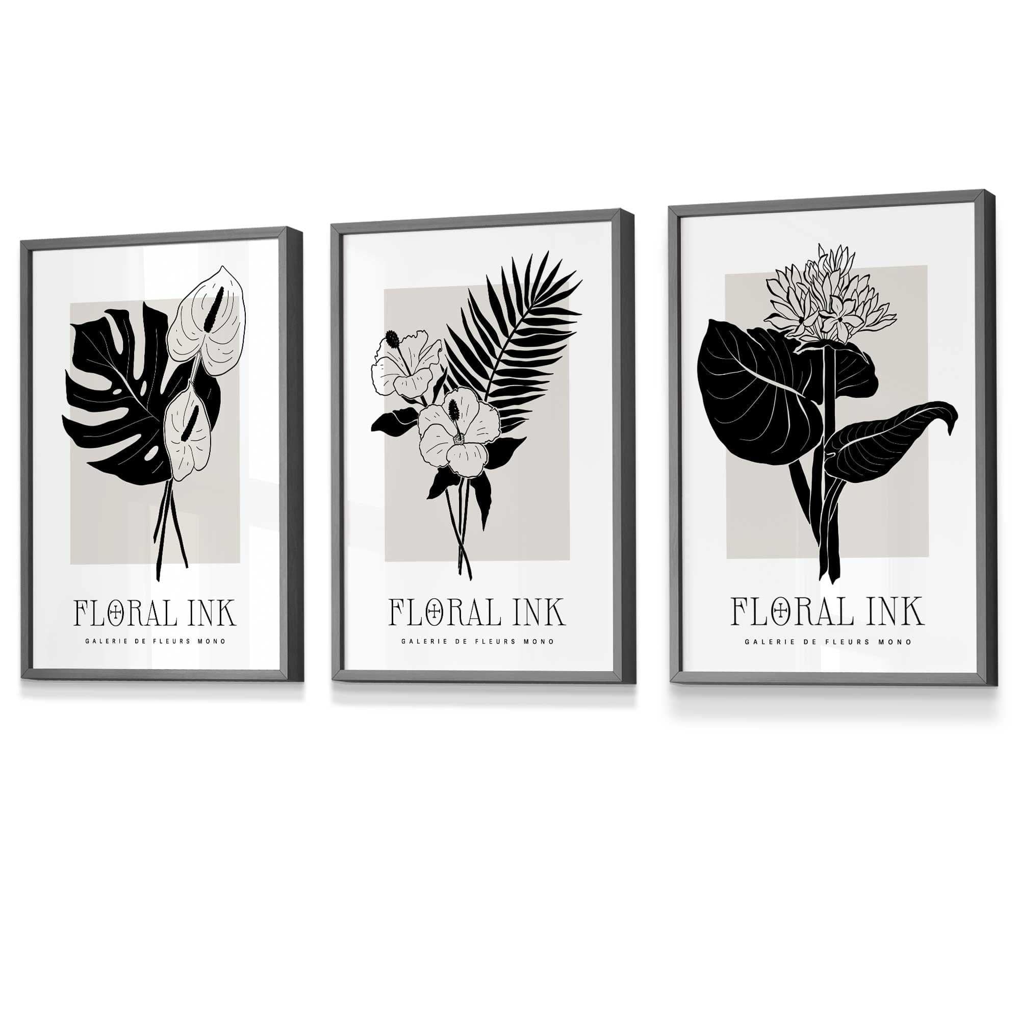 Framed Set of 3 Floral Sketch Ink Botanical Leaves in Black and Beige | Artze Wall Art UK
