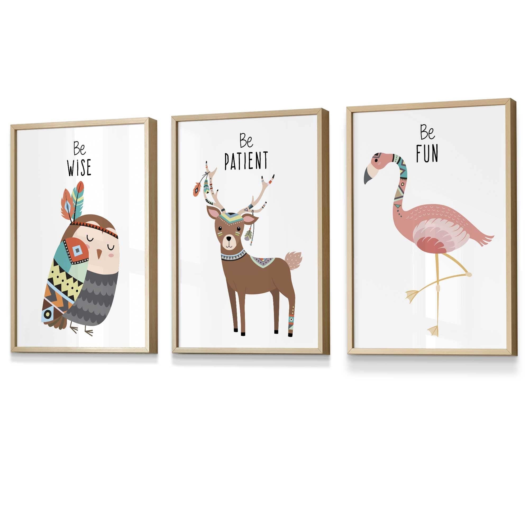 NURSERY Prints Set of 3 Tribal Wall Art Quote Prints Be Wise Owl Deer Flamingo / FRAMED Kids Wall Art | Artze Wall Art UK