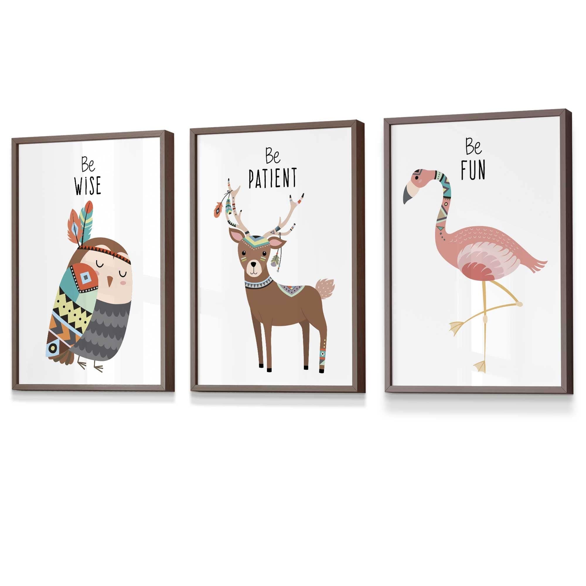 NURSERY Prints Set of 3 Tribal Wall Art Quote Prints Be Wise Owl Deer Flamingo / FRAMED Kids Wall Art | Artze Wall Art UK