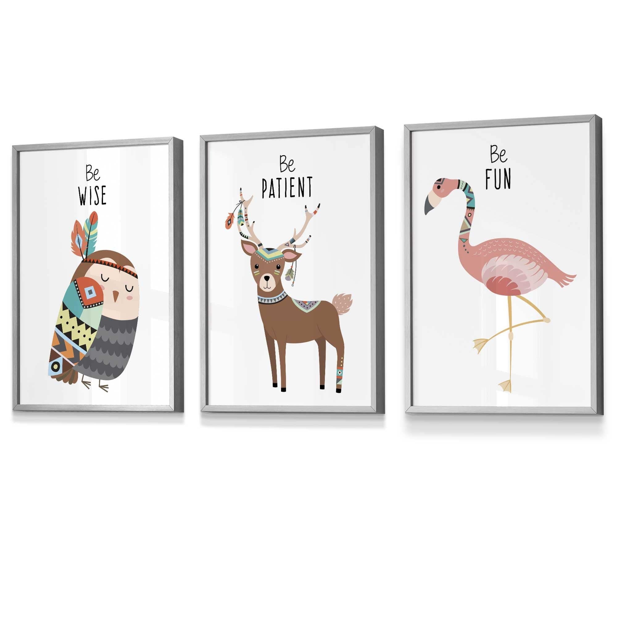NURSERY Prints Set of 3 Tribal Wall Art Quote Prints Be Wise Owl Deer Flamingo / FRAMED Kids Wall Art | Artze Wall Art UK