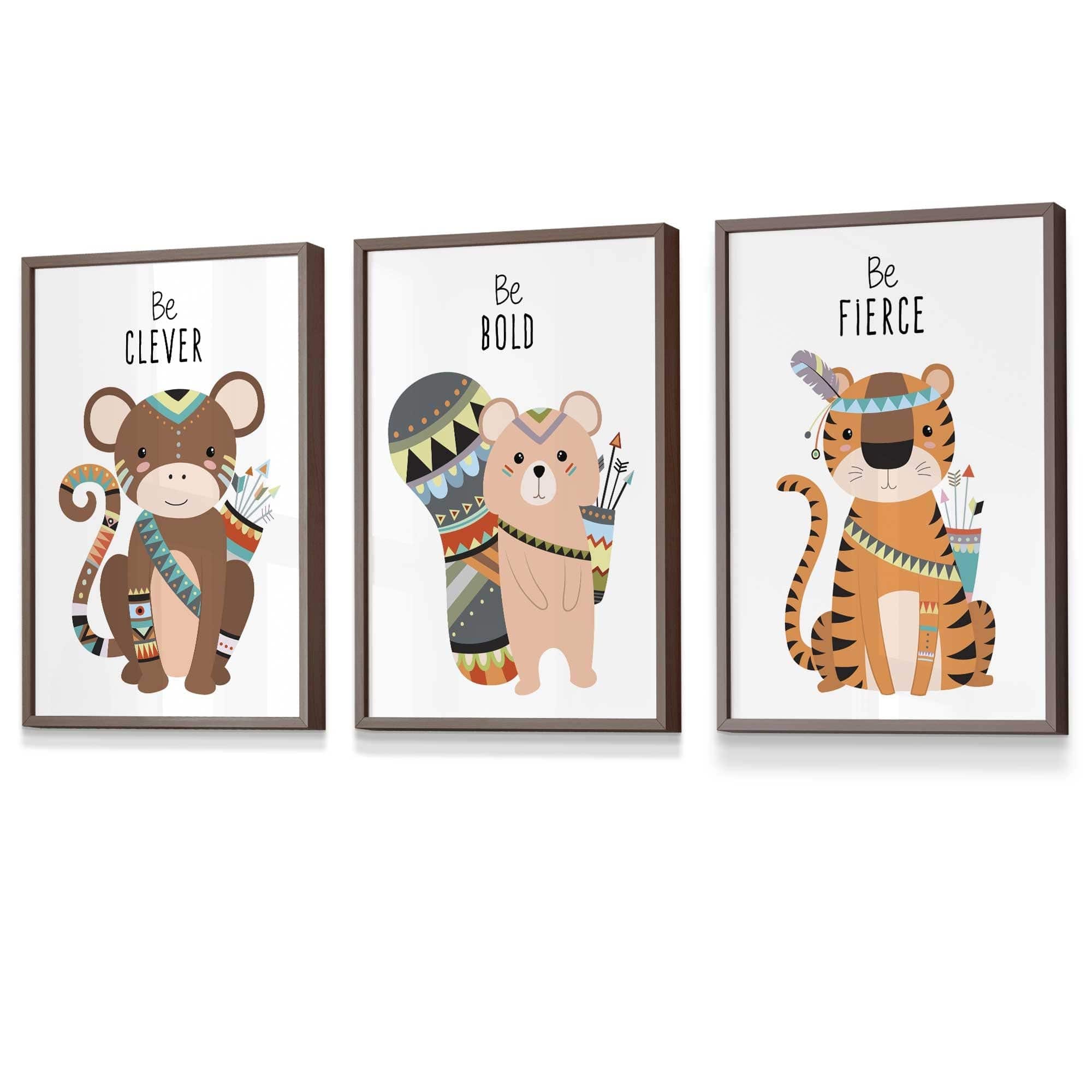 NURSERY Prints Set of 3 Tribal Wall Art Quote Prints Tiger, Monkey Be Curious Wall Art Quote Prints / FRAMED Kids Wall Art | Artze Wall Art UK