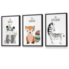 NURSERY Prints Set of 3 Panda, Fox, Zebra Tribal Quote FRAMED Kids Wall Art | Artze Wall Art UK