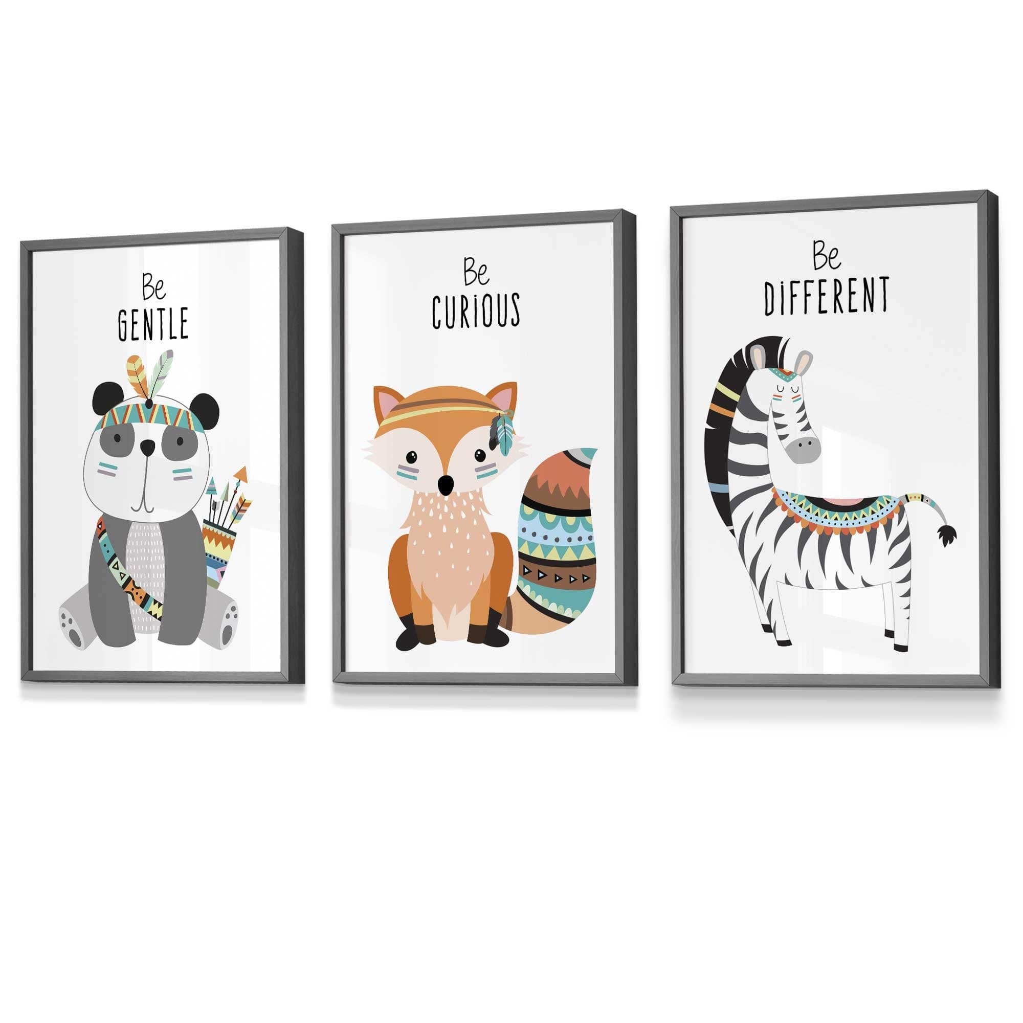 NURSERY Prints Set of 3 Panda, Fox, Zebra Tribal Quote FRAMED Kids Wall Art | Artze Wall Art UK