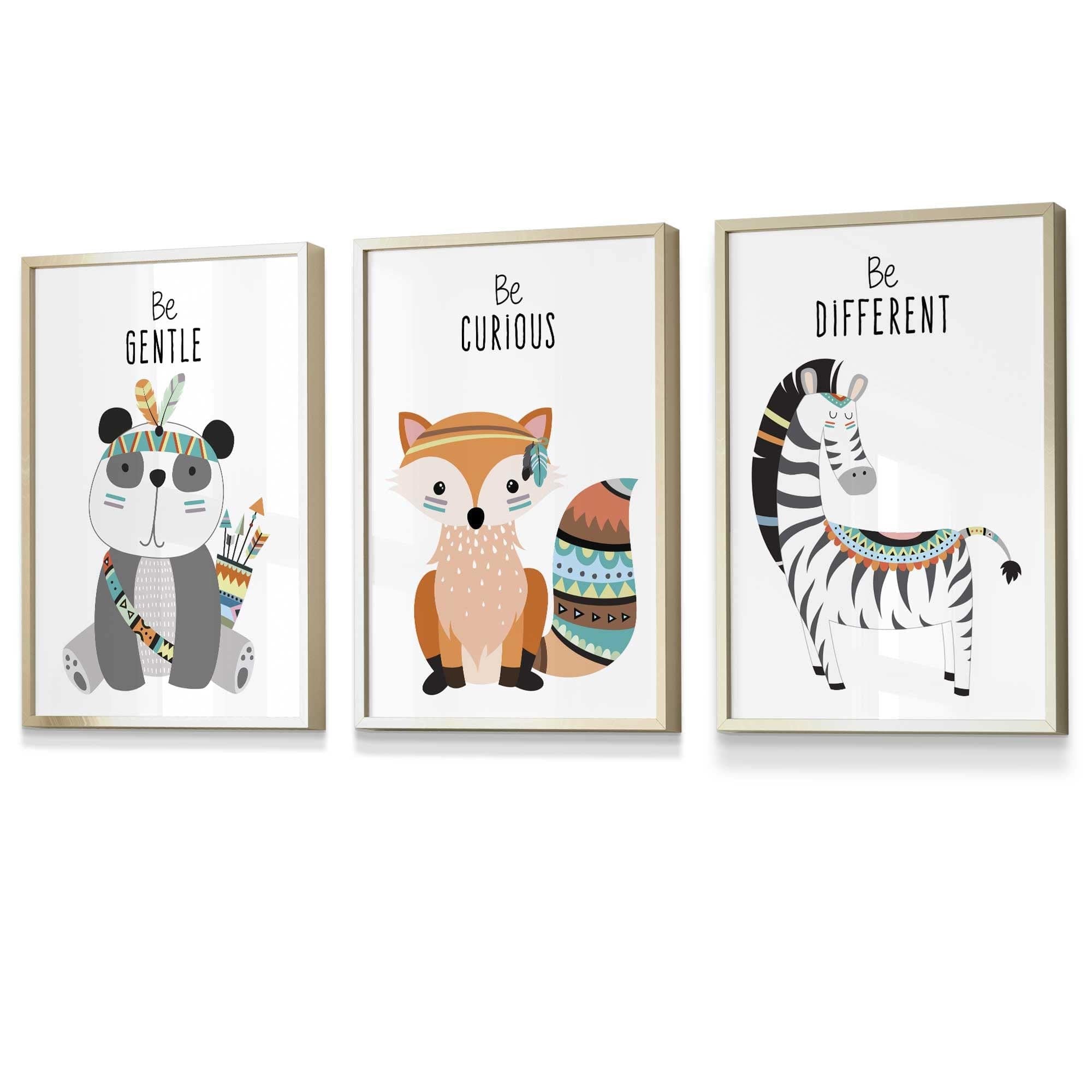 NURSERY Prints Set of 3 Panda, Fox, Zebra Tribal Quote FRAMED Kids Wall Art | Artze Wall Art UK