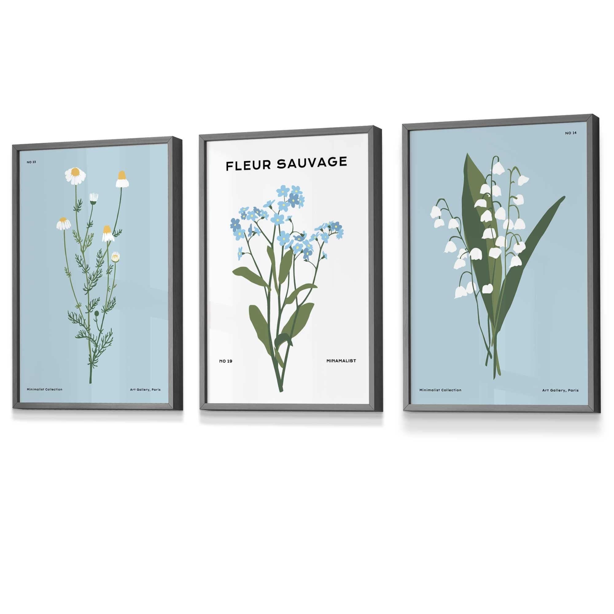Set of 3 Vintage Graphical Blue Spring Wild Flower Market FRAMED Wall Art Prints / Posters | Artze Wall Art UK