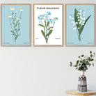 Set of 3 Vintage Graphical Blue Spring Wild Flower Market FRAMED Wall Art Prints / Posters | Artze Wall Art UK