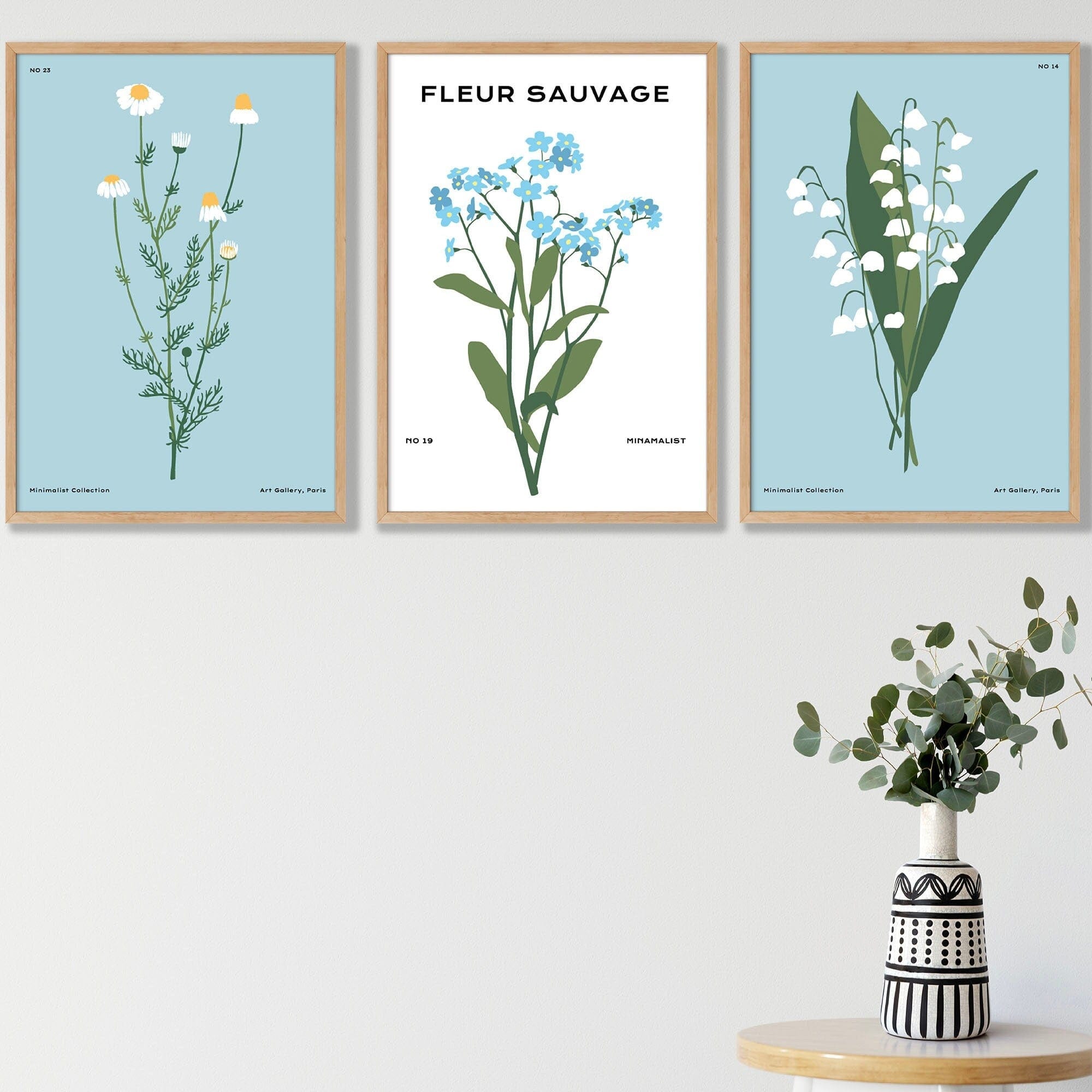 Set of 3 Vintage Graphical Blue Spring Wild Flower Market FRAMED Wall Art Prints / Posters | Artze Wall Art UK