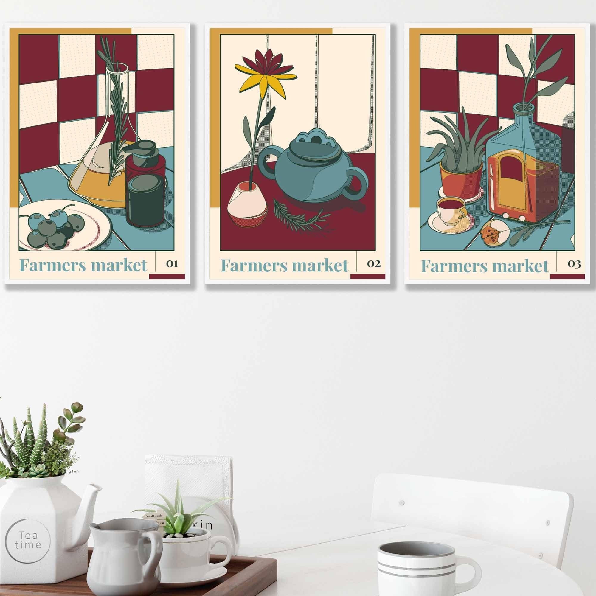 Set of 3 Vintage Kitchen Damson Red, Blue and Yellow Farmers Market FRAMED Wall Art Prints / Posters AW23 Colours
