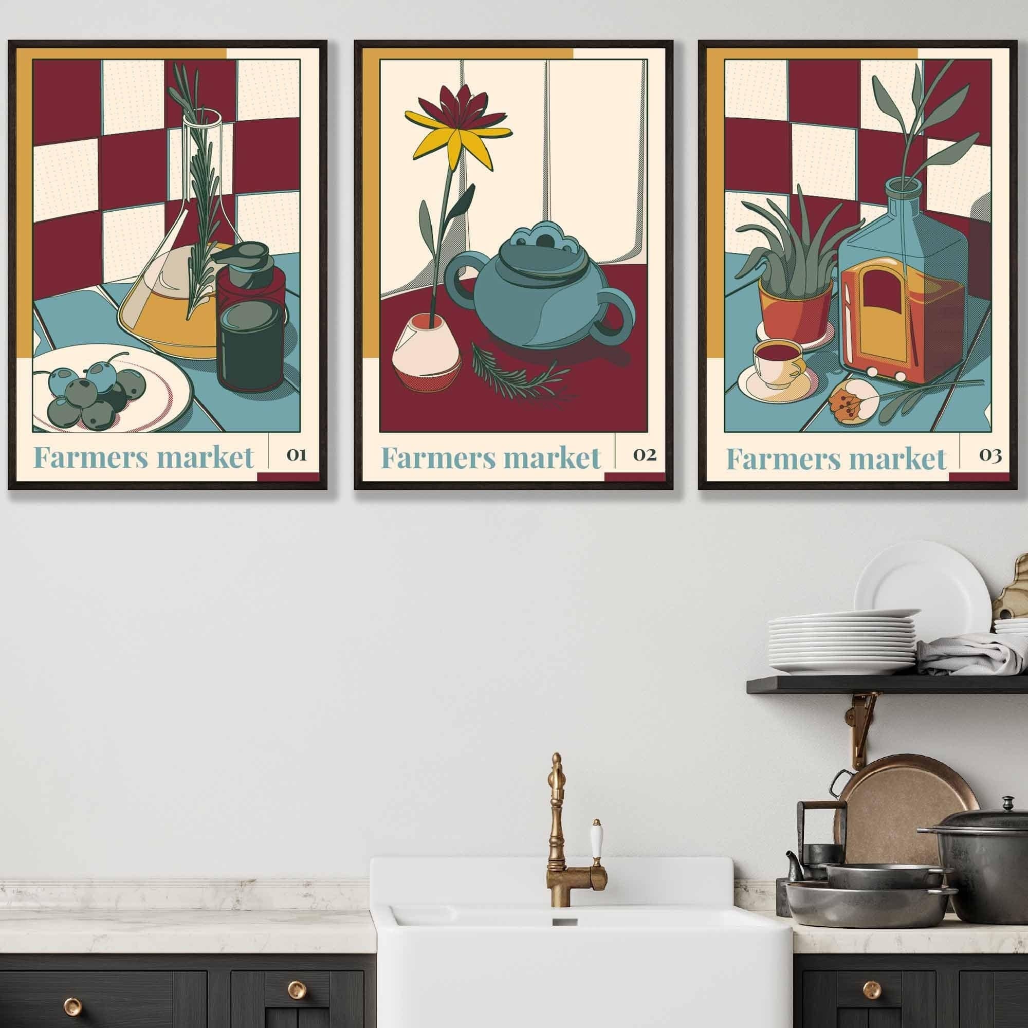 Set of 3 Vintage Kitchen Damson Red, Blue and Yellow Farmers Market FRAMED Wall Art Prints / Posters AW23 Colours