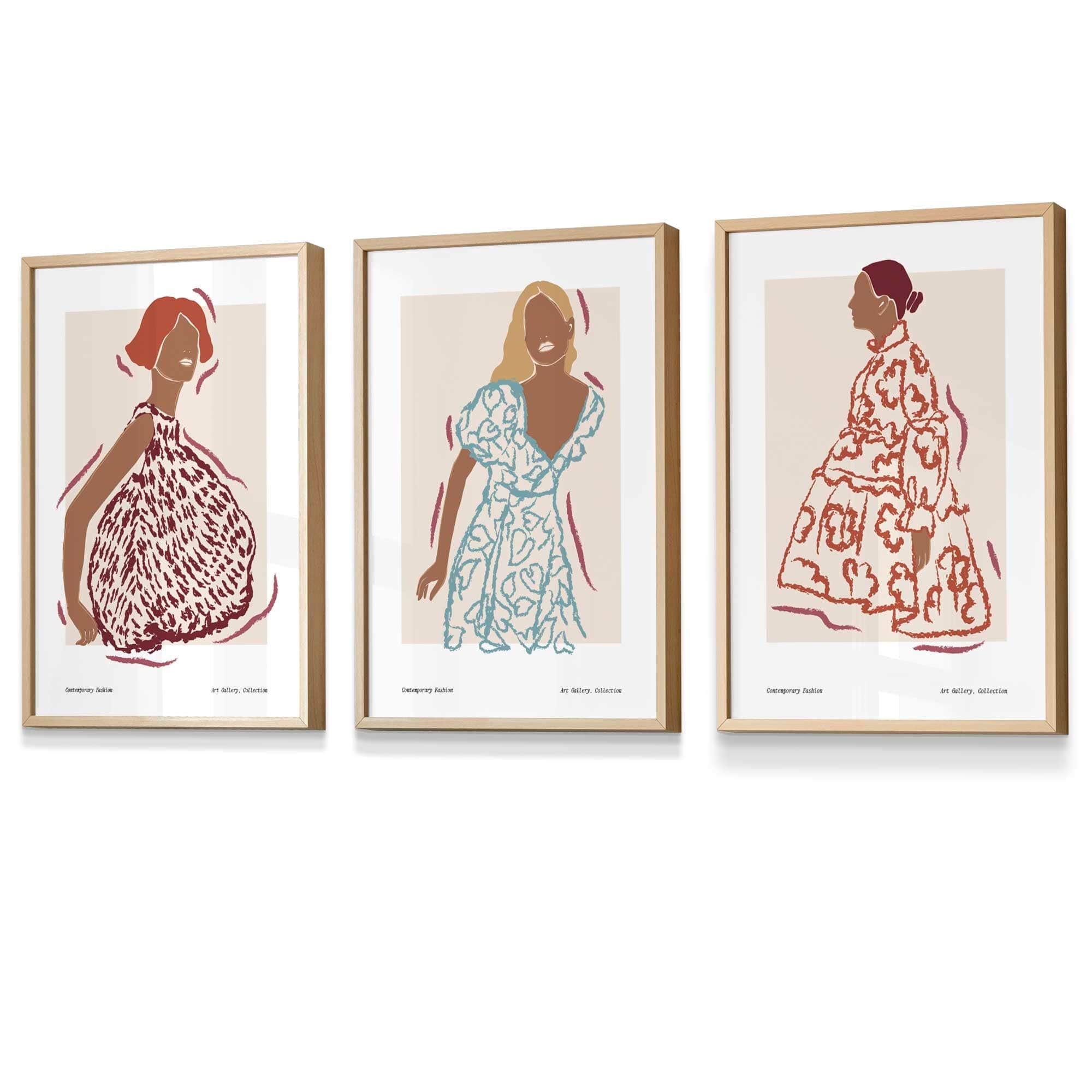 Set of 3 Fashion Figures Framed Wall Art Prints in Autumn Colours | Artze Wall Art UK
