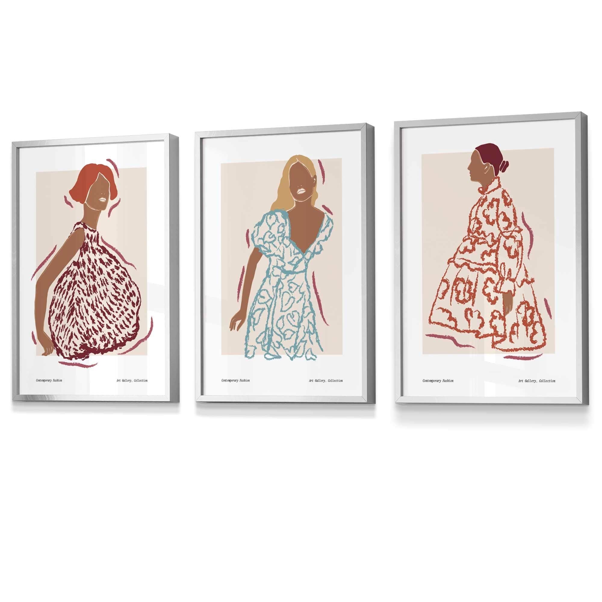 Set of 3 Fashion Figures Framed Wall Art Prints in Autumn Colours | Artze Wall Art UK