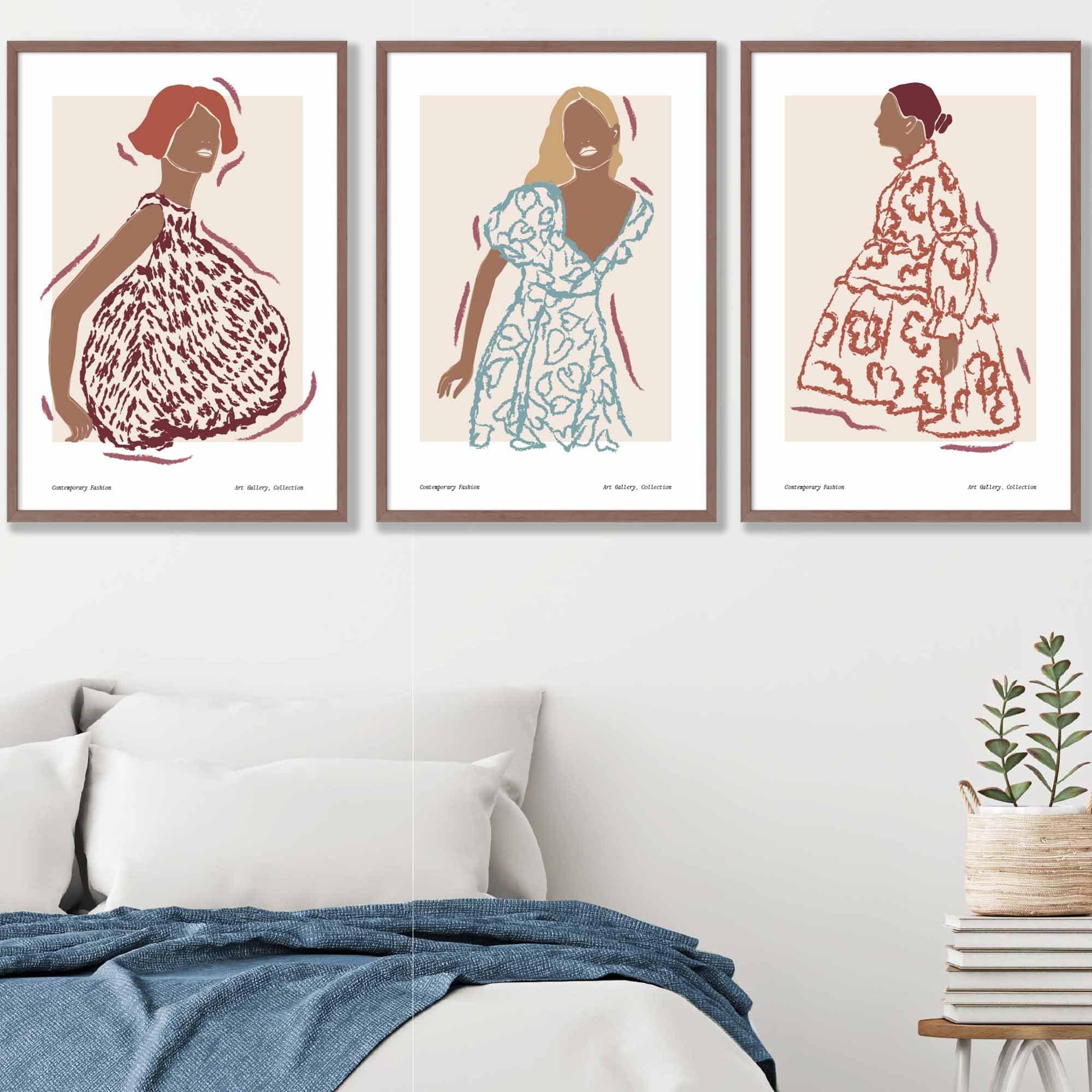 Set of 3 Fashion Figures Framed Wall Art Prints in Autumn Colours | Artze Wall Art UK