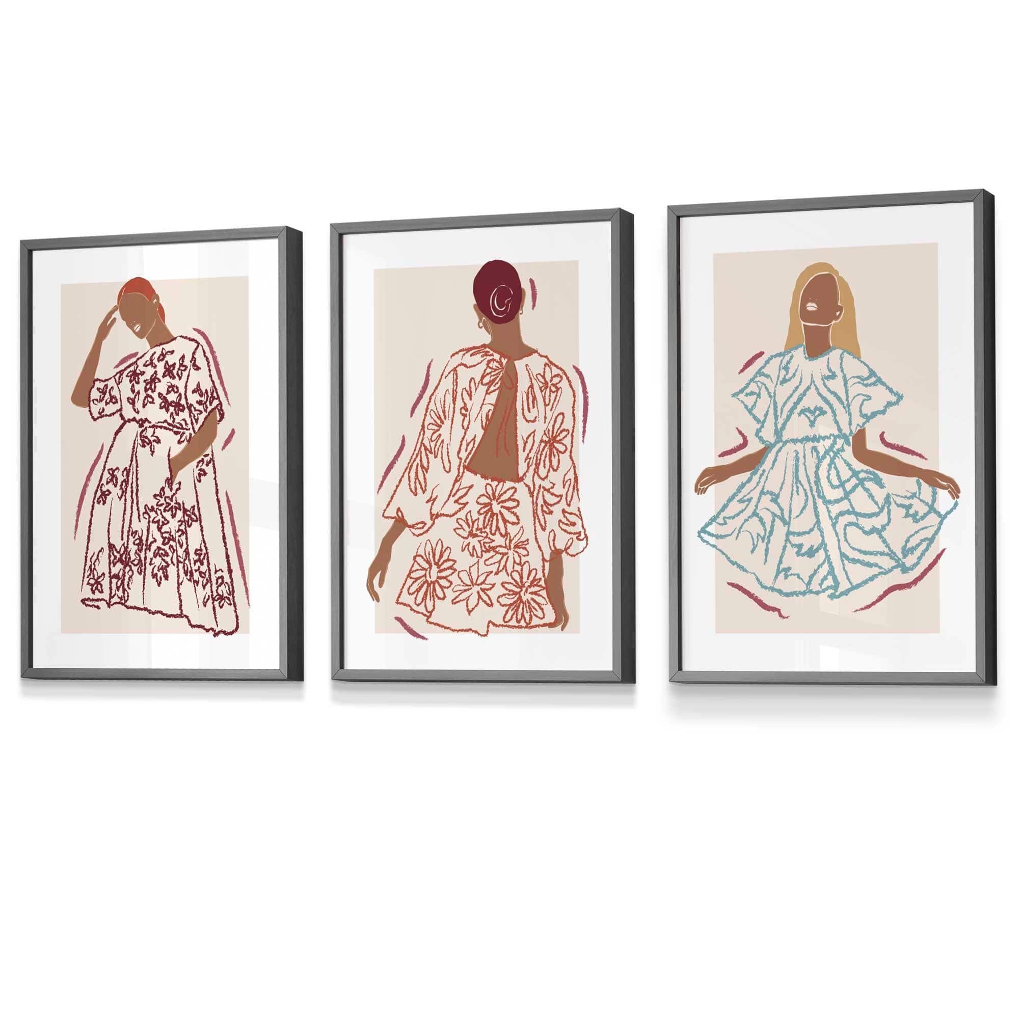Set of 3 Framed Sketch Fashion Women in Autumn Colours | Artze Wall Art UK