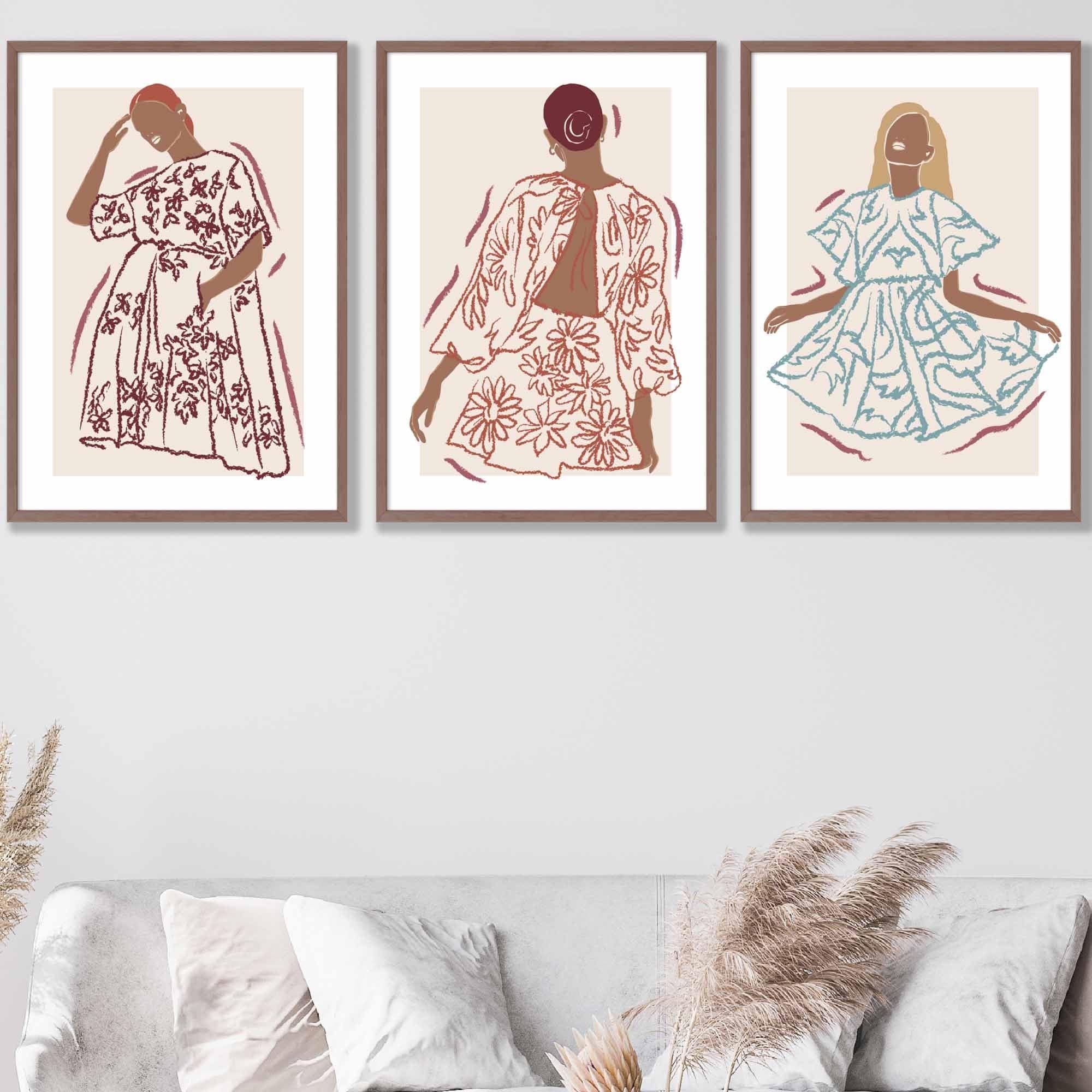 Set of 3 Framed Sketch Fashion Women in Autumn Colours | Artze Wall Art UK