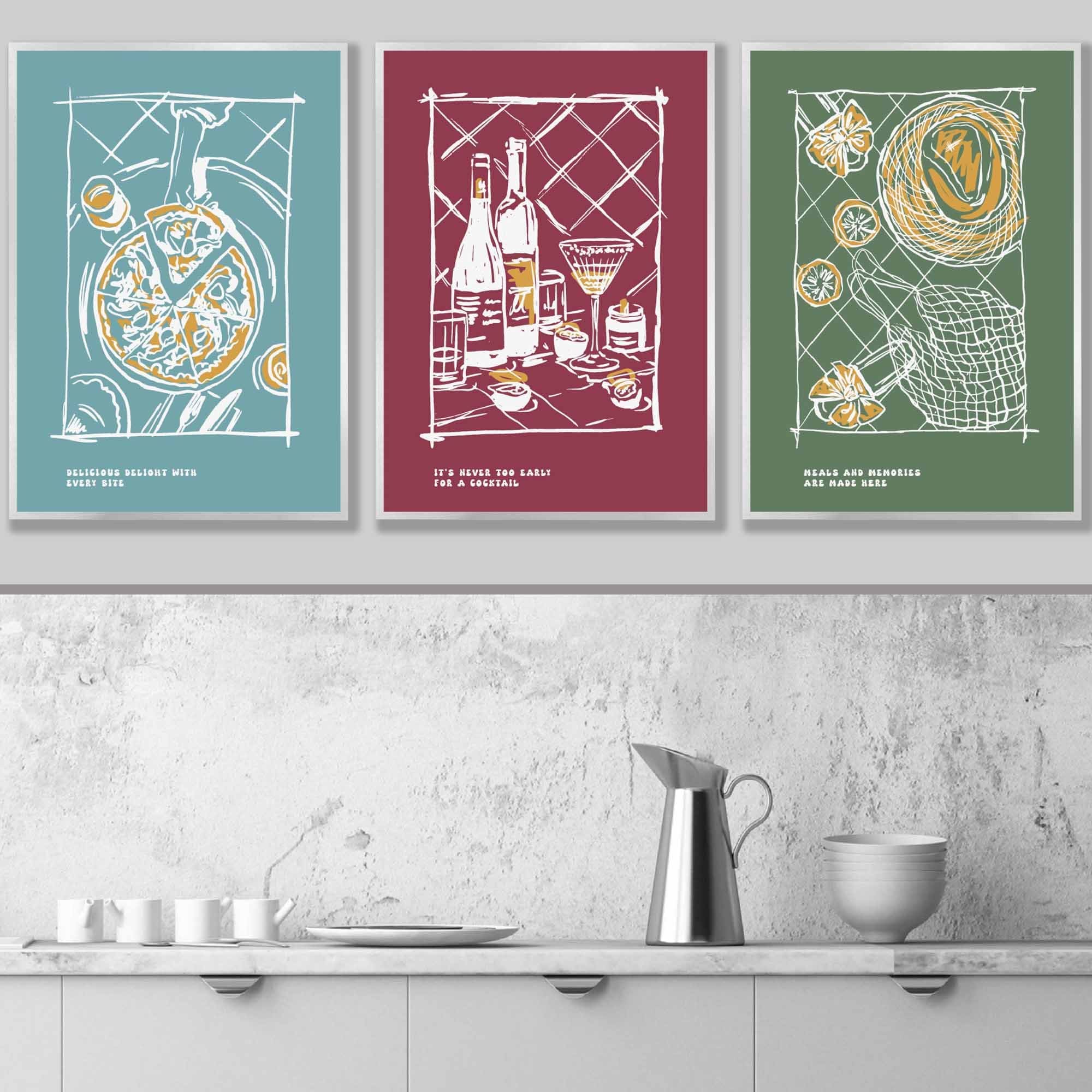 Framed Set of 3 Sketch Line Art Kitchen Quote Prints in Autumn Colours | Artze Wall Art UK