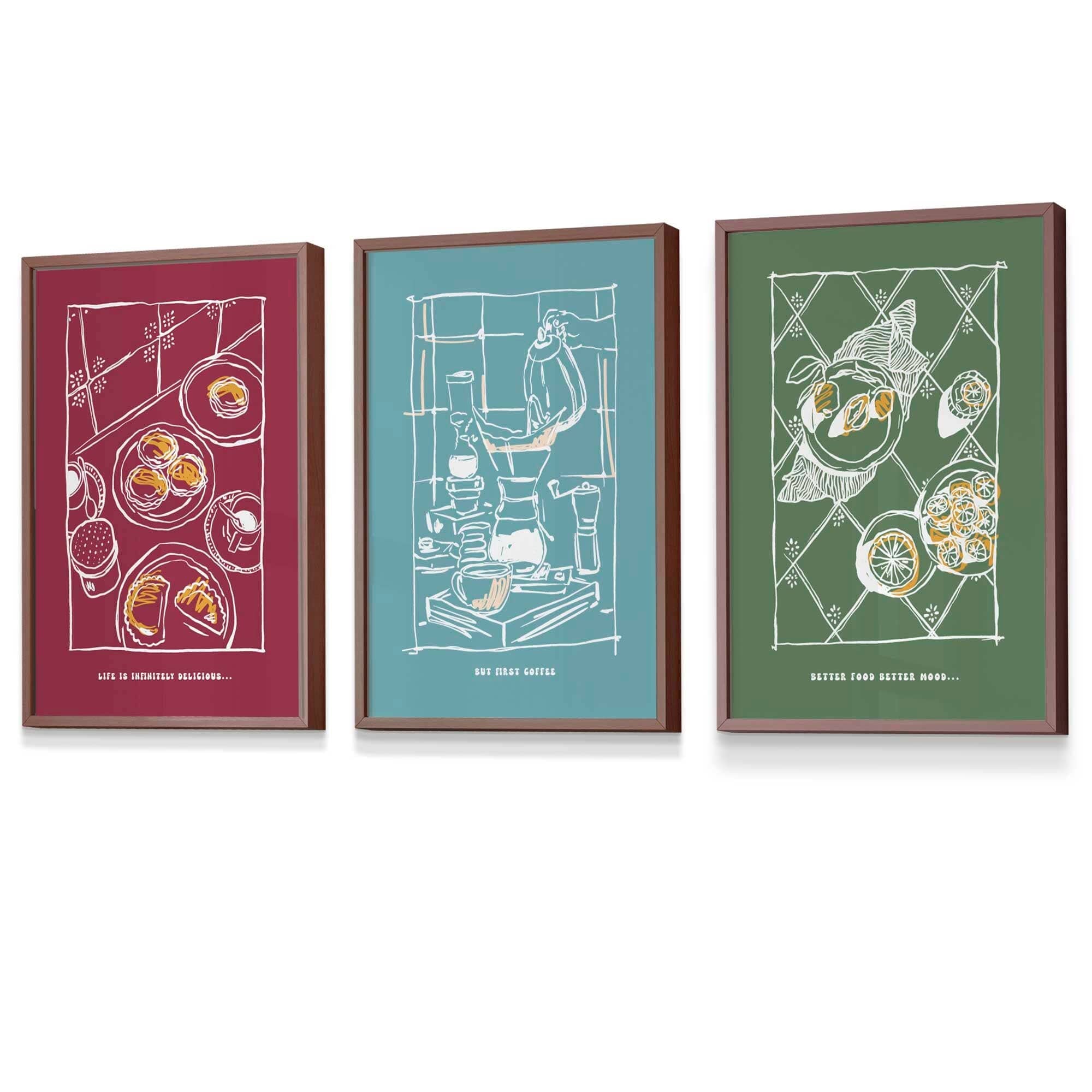 Set of 3 Sketch Line Art Kitchen Quote Prints in Red,Blue and Green FRAMED | Artze Wall Art UK