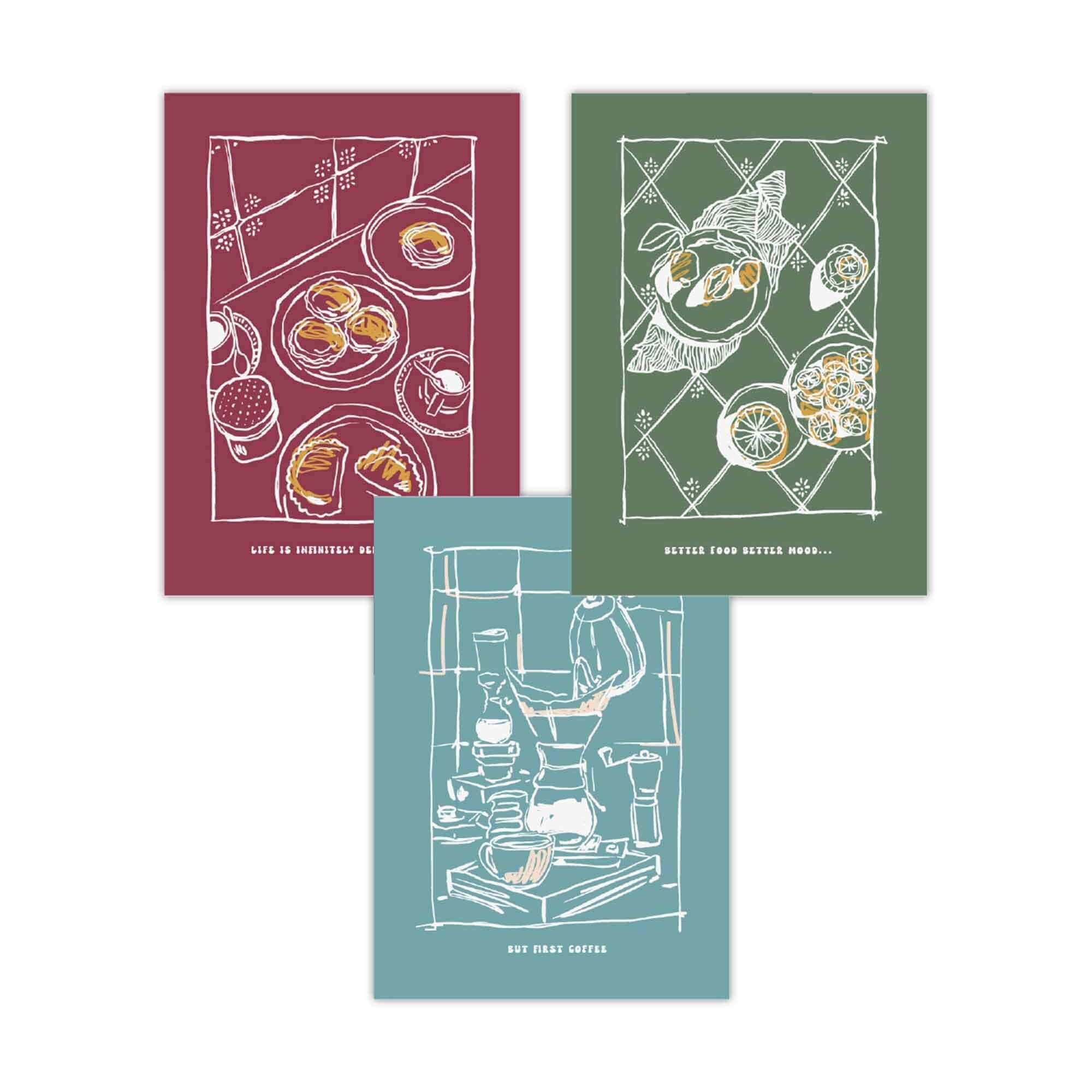 Set of 3 Sketch Line Art Kitchen Quote Prints in Red,Blue and Green FRAMED | Artze Wall Art UK