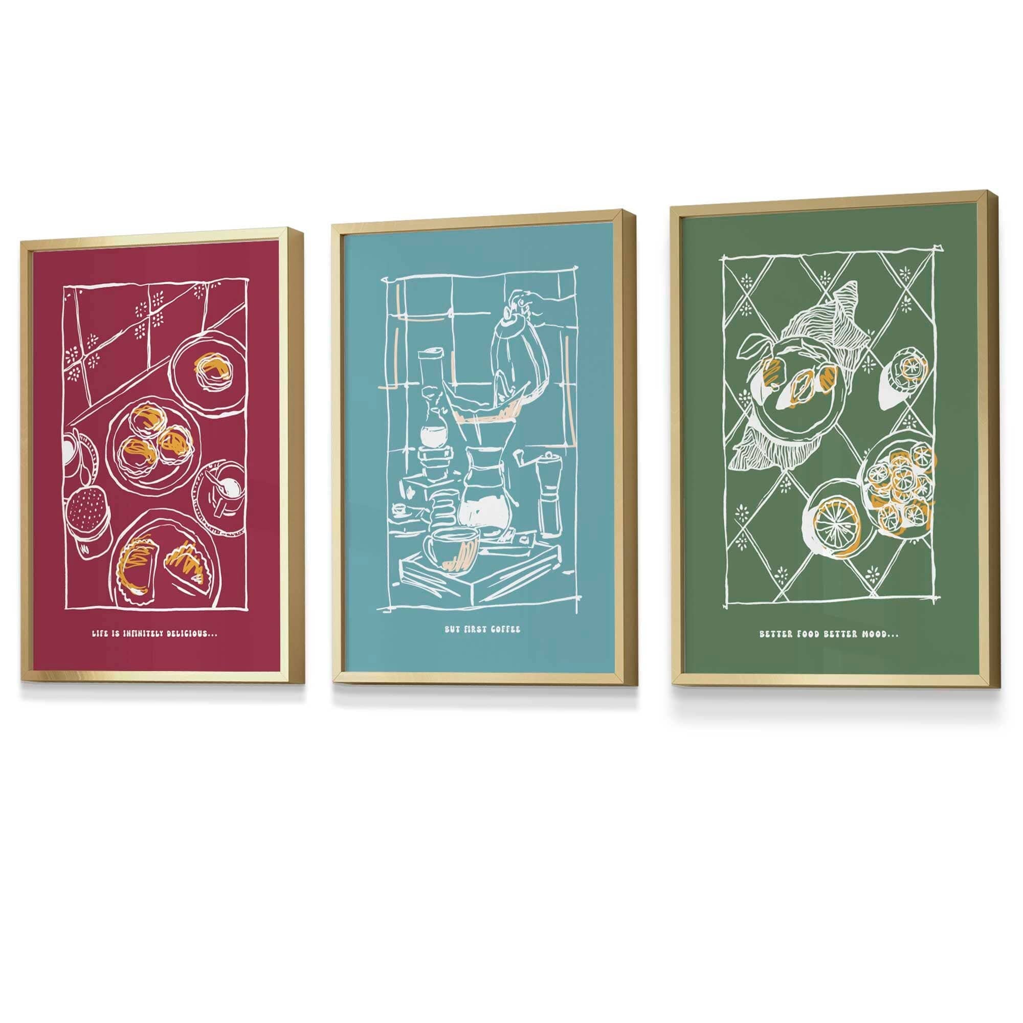 Set of 3 Sketch Line Art Kitchen Quote Prints in Red,Blue and Green FRAMED | Artze Wall Art UK