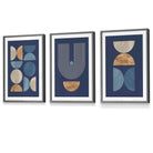 Set of 3 FRAMED Mid Century Modern Geometric Navy Blue with Beige and Gold Wall Art Prints | Artze Wall Art UK