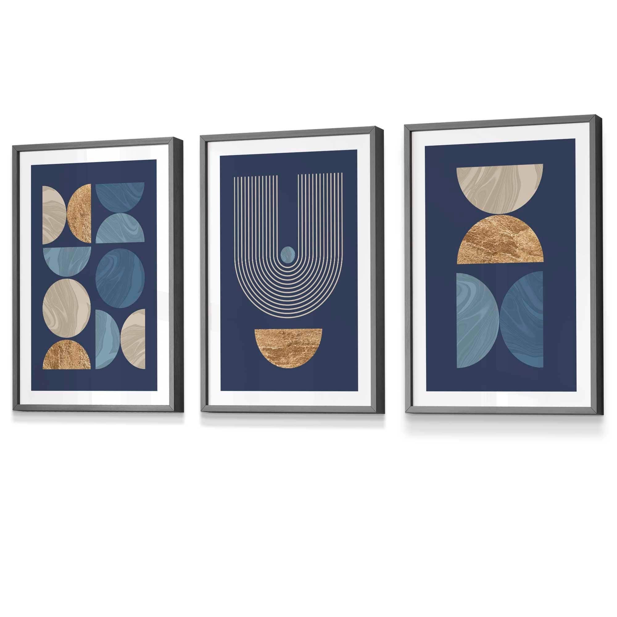 Set of 3 FRAMED Mid Century Modern Geometric Navy Blue with Beige and Gold Wall Art Prints | Artze Wall Art UK