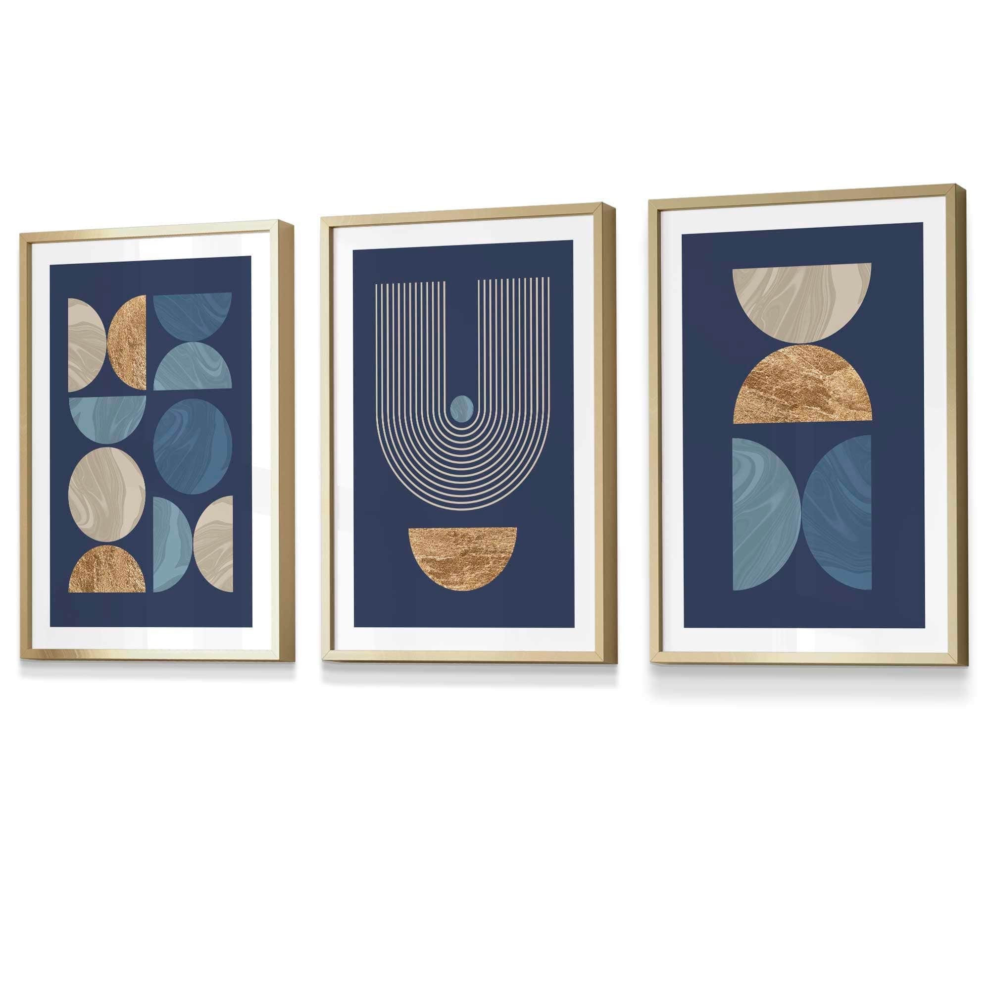 Set of 3 FRAMED Mid Century Modern Geometric Navy Blue with Beige and Gold Wall Art Prints | Artze Wall Art UK