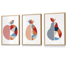 Set of 3 FRAMED Geometric Apple Pineapple Pear Fruit Kitchen Wall Art in Red, Blue and Orange | Artze Wall Art UK
