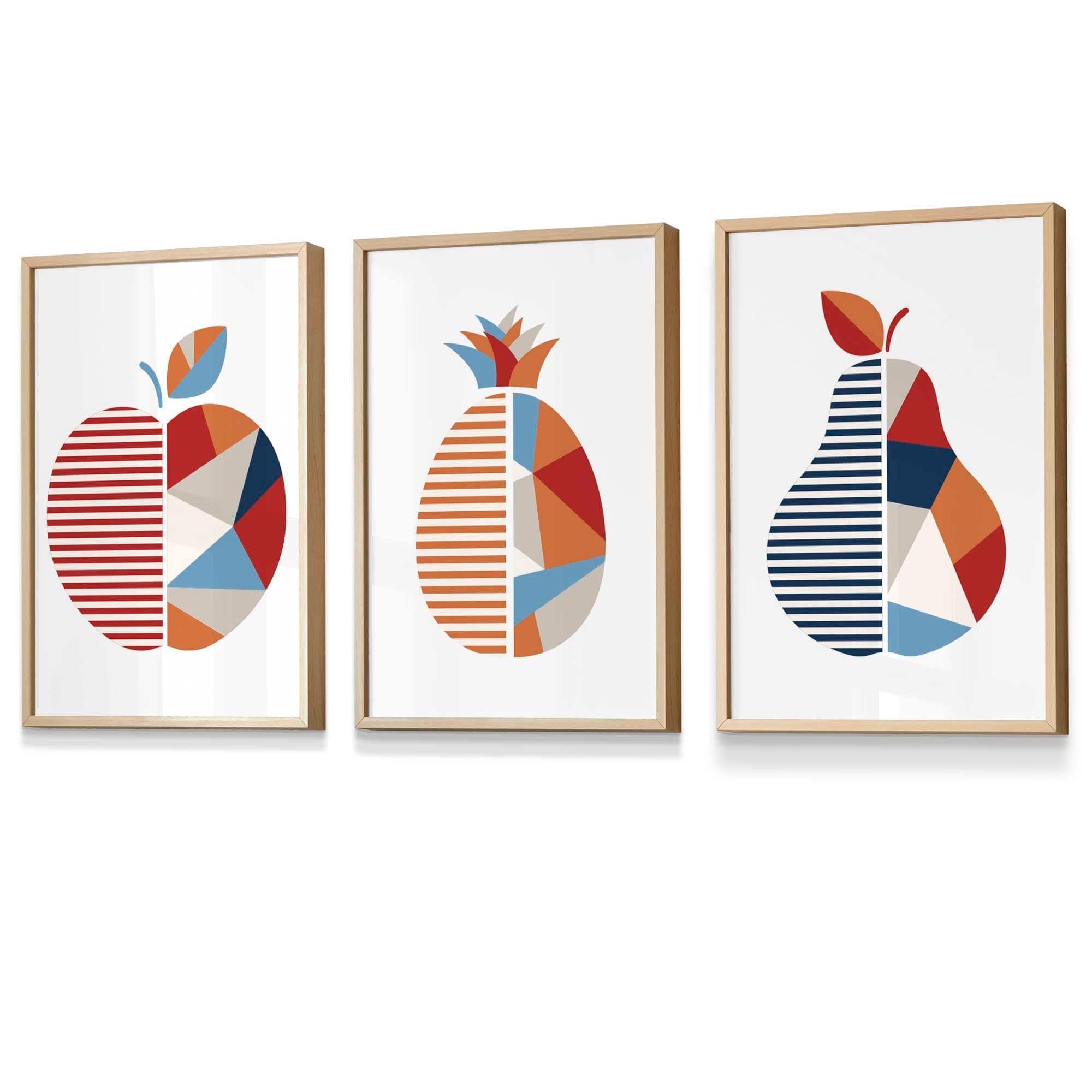 Set of 3 FRAMED Geometric Apple Pineapple Pear Fruit Kitchen Wall Art in Red, Blue and Orange | Artze Wall Art UK