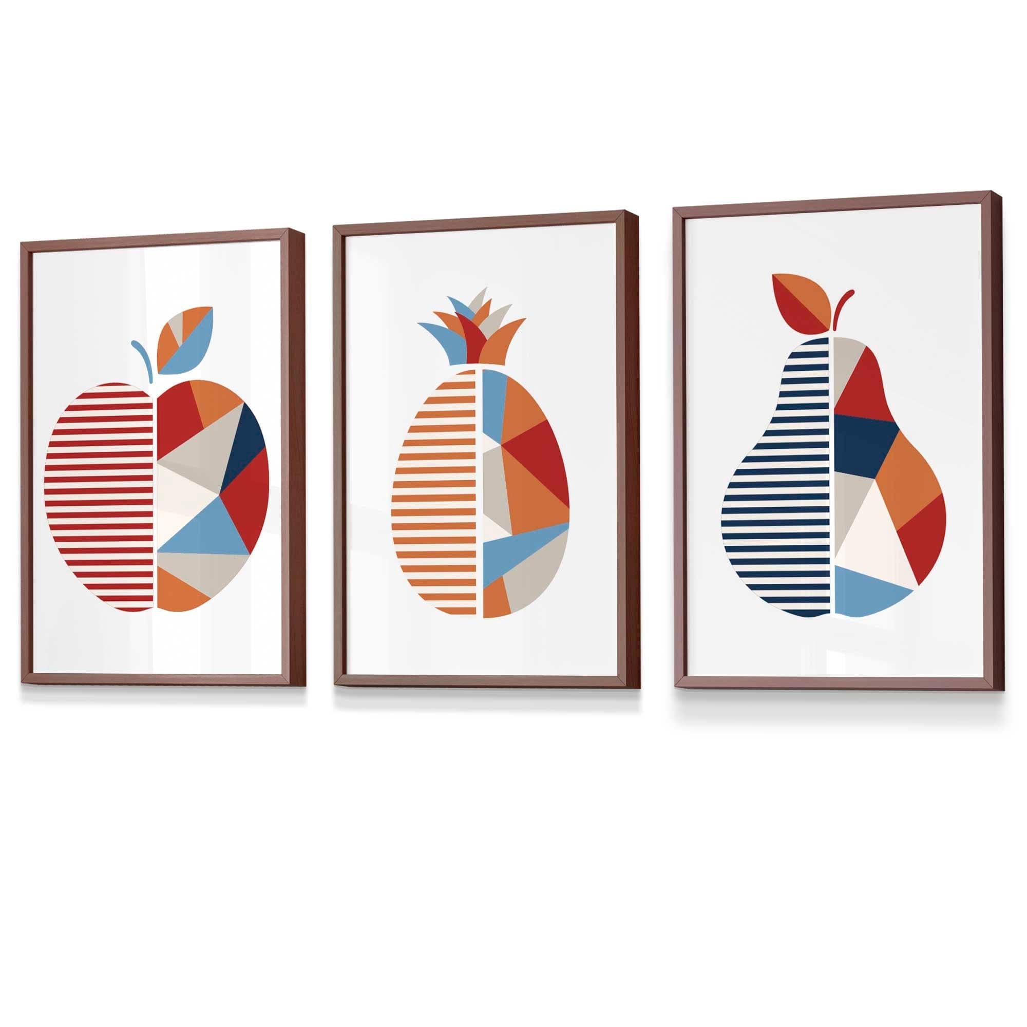 Set of 3 FRAMED Geometric Apple Pineapple Pear Fruit Kitchen Wall Art in Red, Blue and Orange | Artze Wall Art UK