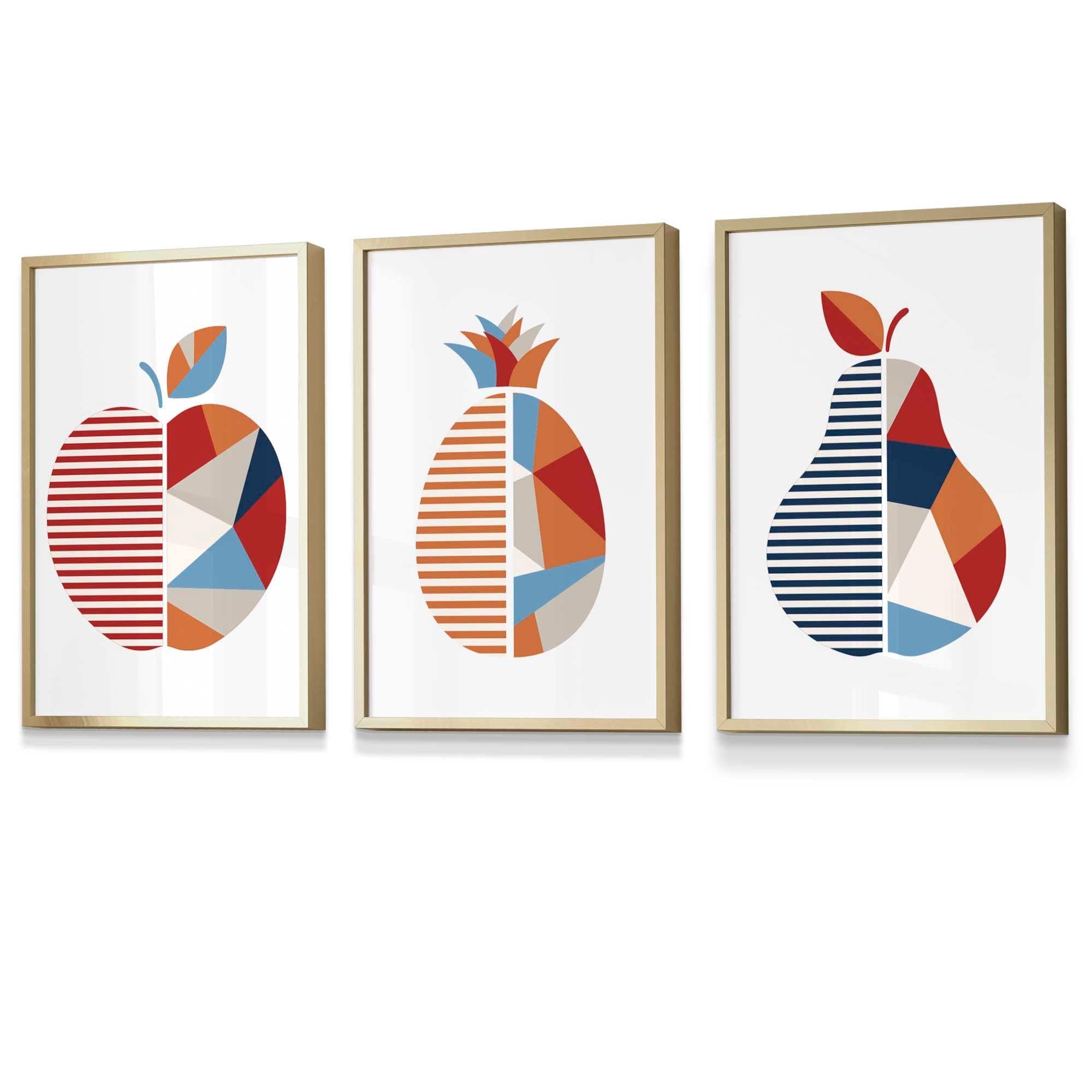 Set of 3 FRAMED Geometric Apple Pineapple Pear Fruit Kitchen Wall Art in Red, Blue and Orange | Artze Wall Art UK