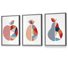 Set of 3 FRAMED Geometric Apple Pineapple Pear Fruit Kitchen Wall Art in Red, Blue and Orange | Artze Wall Art UK