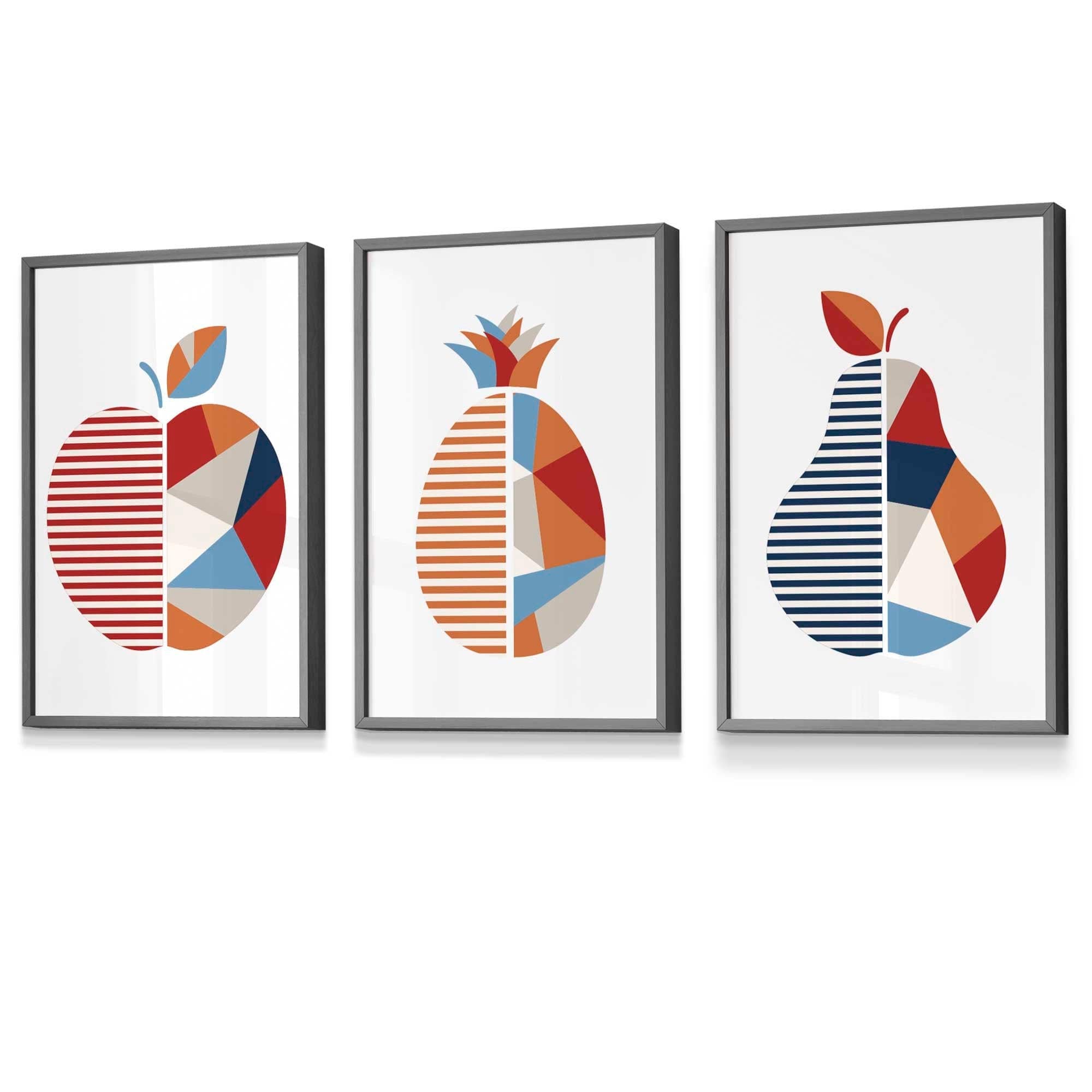 Set of 3 FRAMED Geometric Apple Pineapple Pear Fruit Kitchen Wall Art in Red, Blue and Orange | Artze Wall Art UK