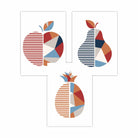 Set of 3 FRAMED Geometric Apple Pineapple Pear Fruit Kitchen Wall Art in Red, Blue and Orange | Artze Wall Art UK