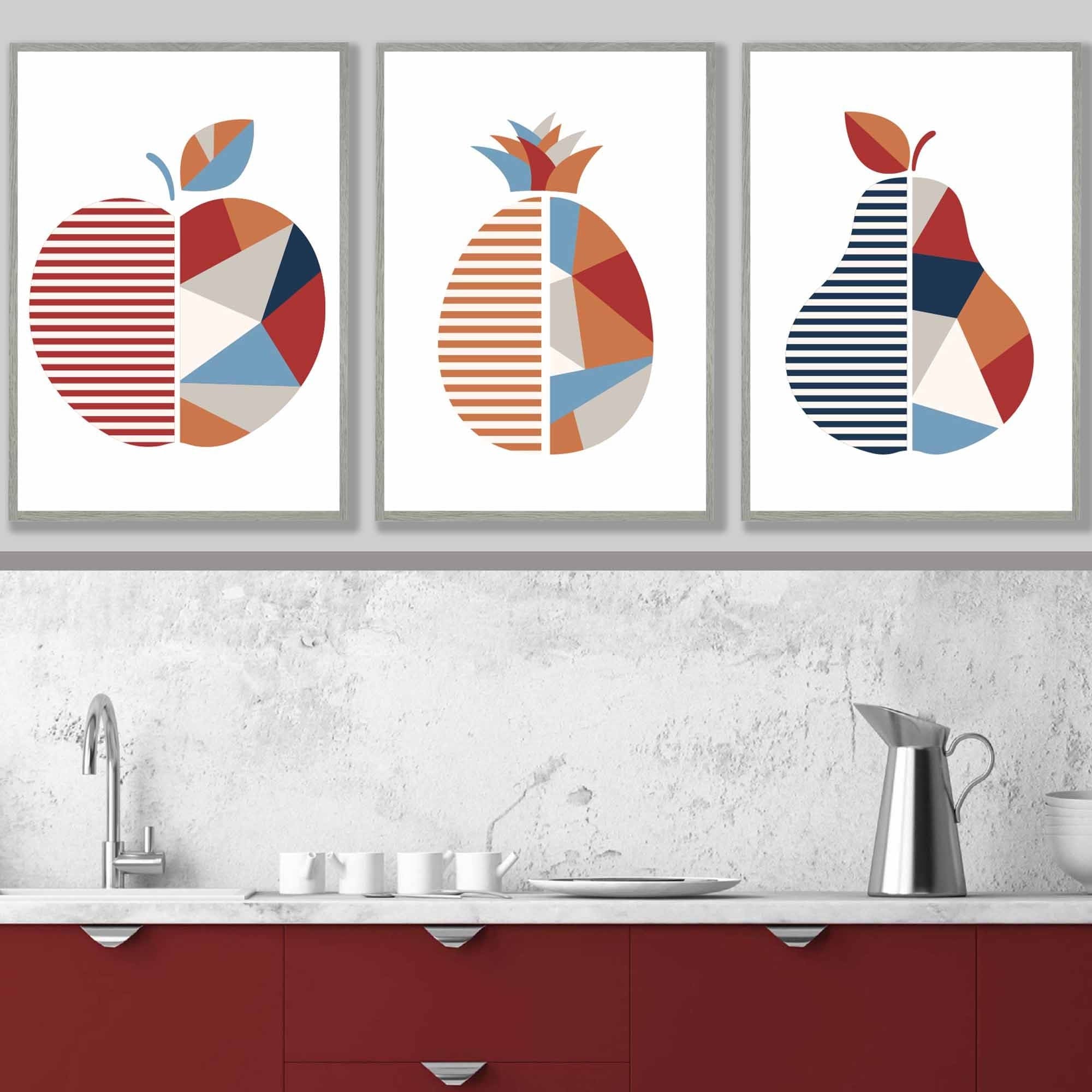 Set of 3 FRAMED Geometric Apple Pineapple Pear Fruit Kitchen Wall Art in Red, Blue and Orange | Artze Wall Art UK