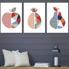 Set of 3 FRAMED Geometric Apple Pineapple Pear Fruit Kitchen Wall Art in Red, Blue and Orange | Artze Wall Art UK