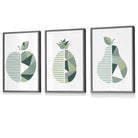 Set of 3  FRAMED Kitchen Wall Art Prints of Geometric Pear, Pineapple and Apple in Shades of Sage Green | Artze Wall Art UK