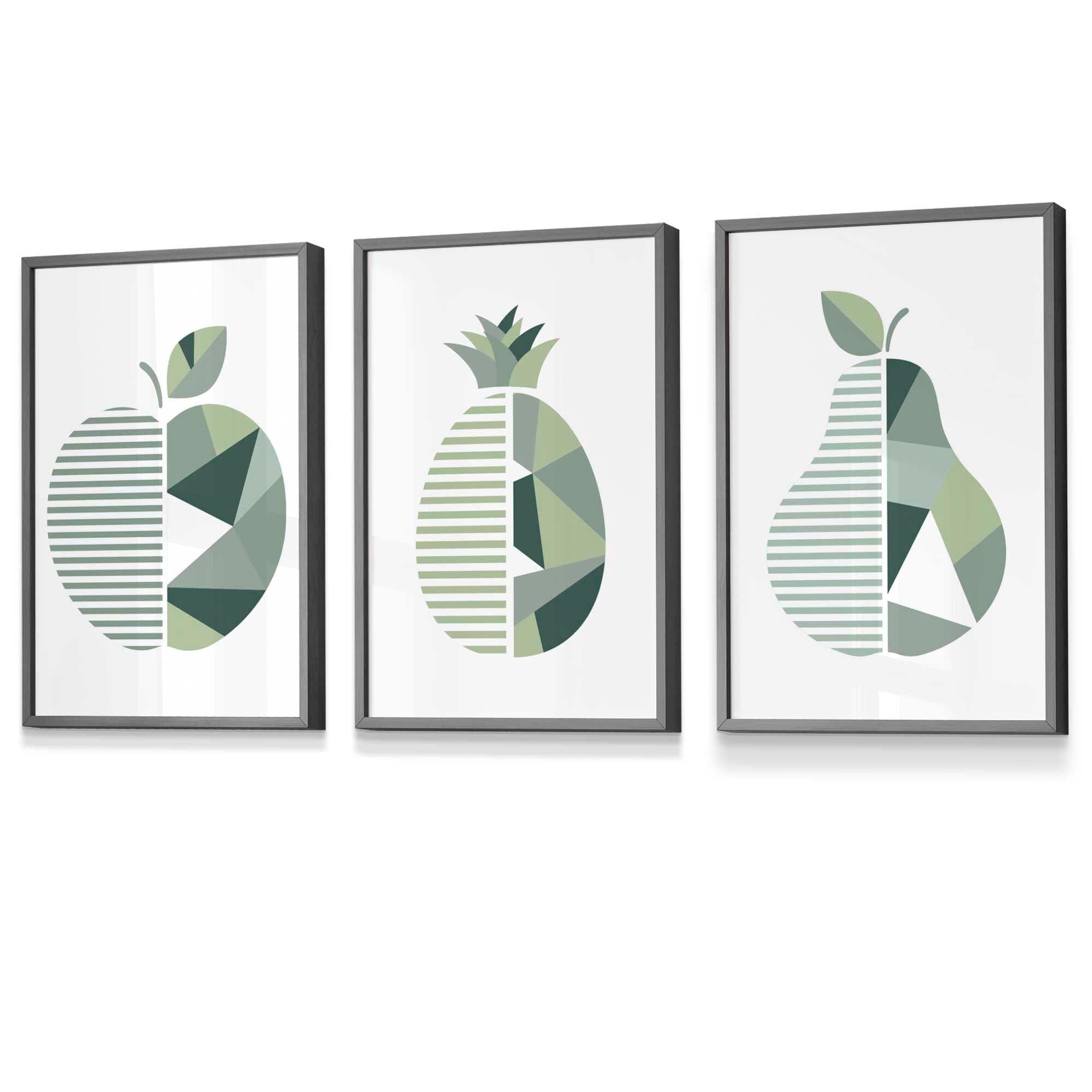 Set of 3  FRAMED Kitchen Wall Art Prints of Geometric Pear, Pineapple and Apple in Shades of Sage Green | Artze Wall Art UK