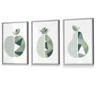 Set of 3  FRAMED Kitchen Wall Art Prints of Geometric Pear, Pineapple and Apple in Shades of Sage Green | Artze Wall Art UK