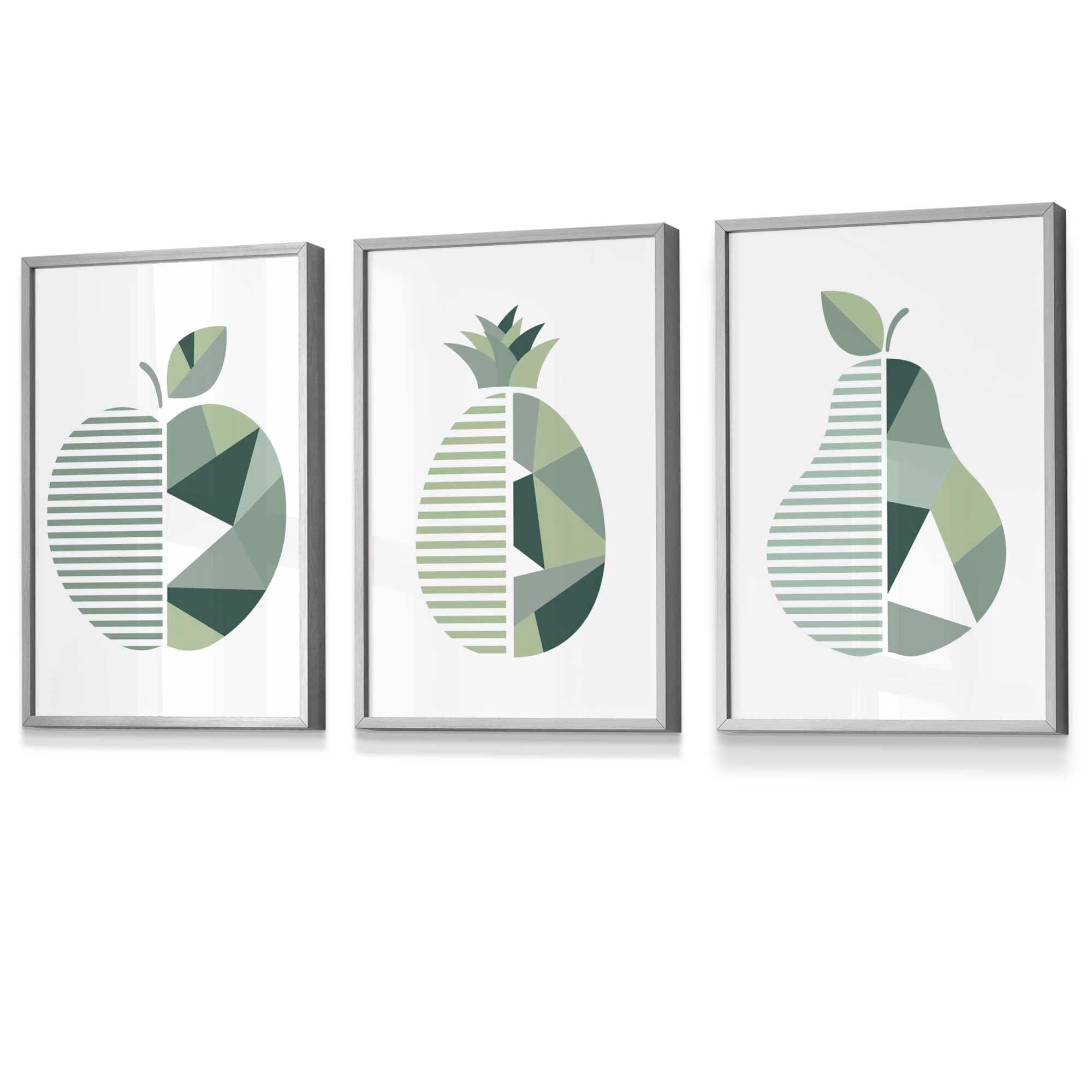 Set of 3  FRAMED Kitchen Wall Art Prints of Geometric Pear, Pineapple and Apple in Shades of Sage Green | Artze Wall Art UK