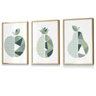 Set of 3  FRAMED Kitchen Wall Art Prints of Geometric Pear, Pineapple and Apple in Shades of Sage Green | Artze Wall Art UK