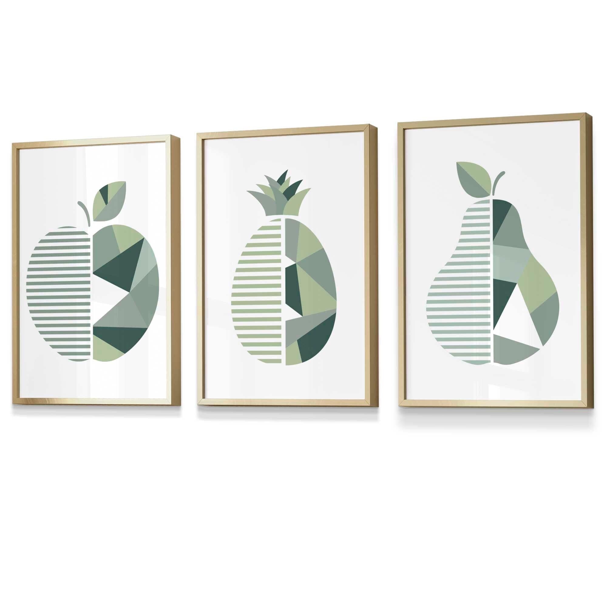 Set of 3  FRAMED Kitchen Wall Art Prints of Geometric Pear, Pineapple and Apple in Shades of Sage Green | Artze Wall Art UK