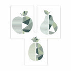 Set of 3  FRAMED Kitchen Wall Art Prints of Geometric Pear, Pineapple and Apple in Shades of Sage Green | Artze Wall Art UK