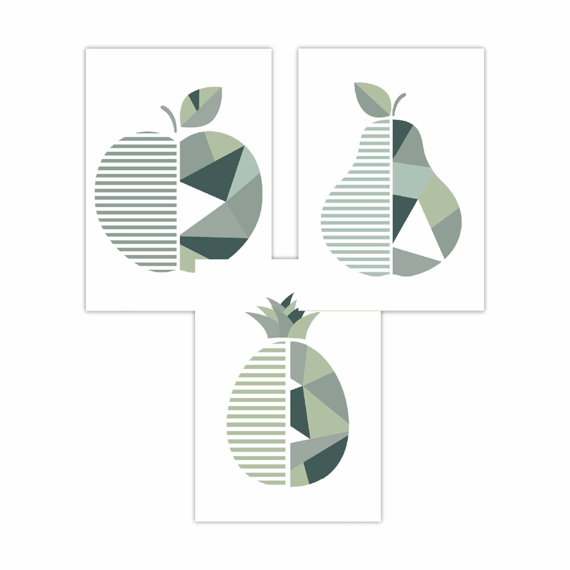 Set of 3  FRAMED Kitchen Wall Art Prints of Geometric Pear, Pineapple and Apple in Shades of Sage Green | Artze Wall Art UK
