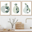 Set of 3  FRAMED Kitchen Wall Art Prints of Geometric Pear, Pineapple and Apple in Shades of Sage Green | Artze Wall Art UK