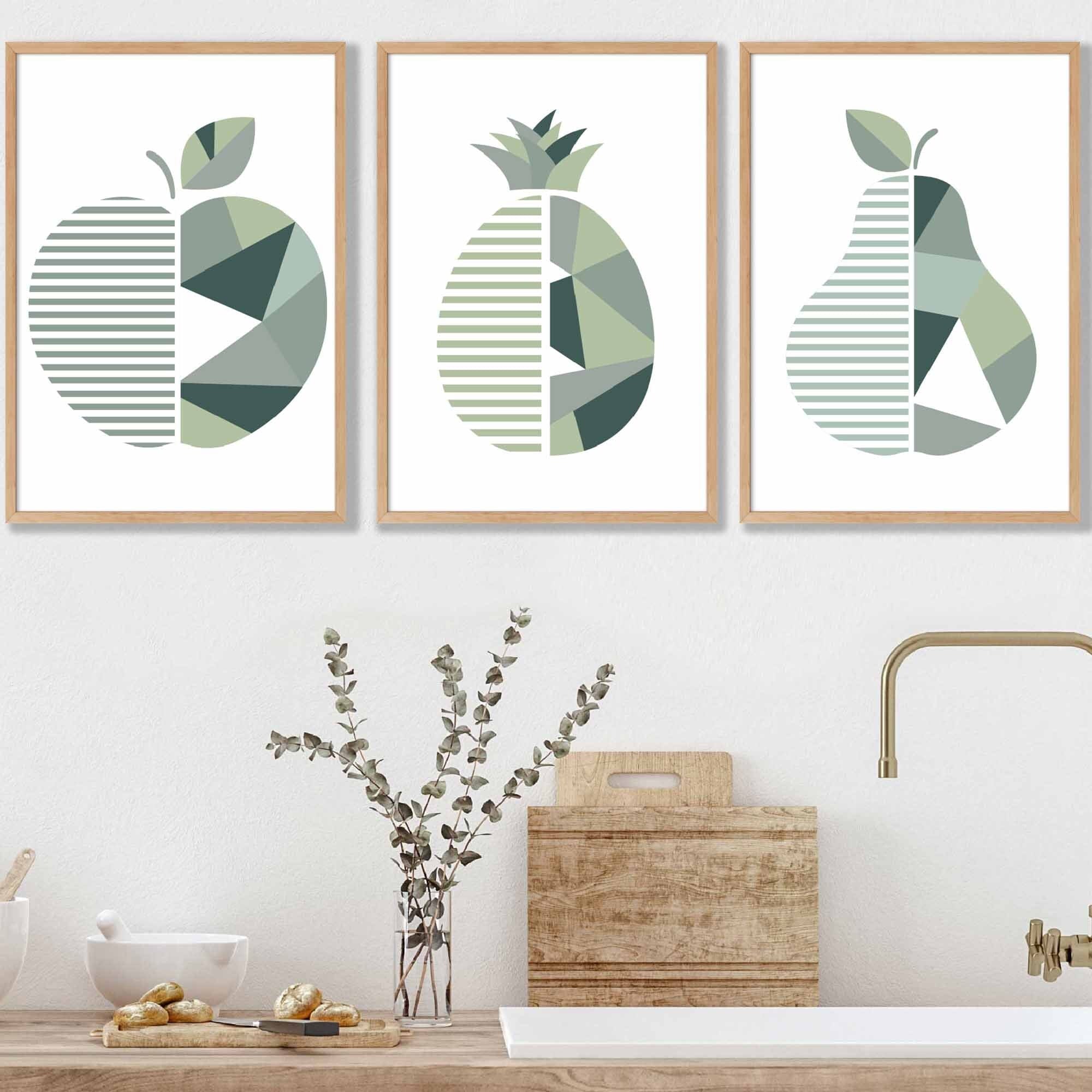 Set of 3  FRAMED Kitchen Wall Art Prints of Geometric Pear, Pineapple and Apple in Shades of Sage Green | Artze Wall Art UK
