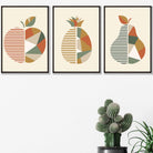 Set of 3 Framed Autumn Geometric Apple Pear Fruit Wall Art in Sage Green, Beige and Orange | Artze Wall Art UK
