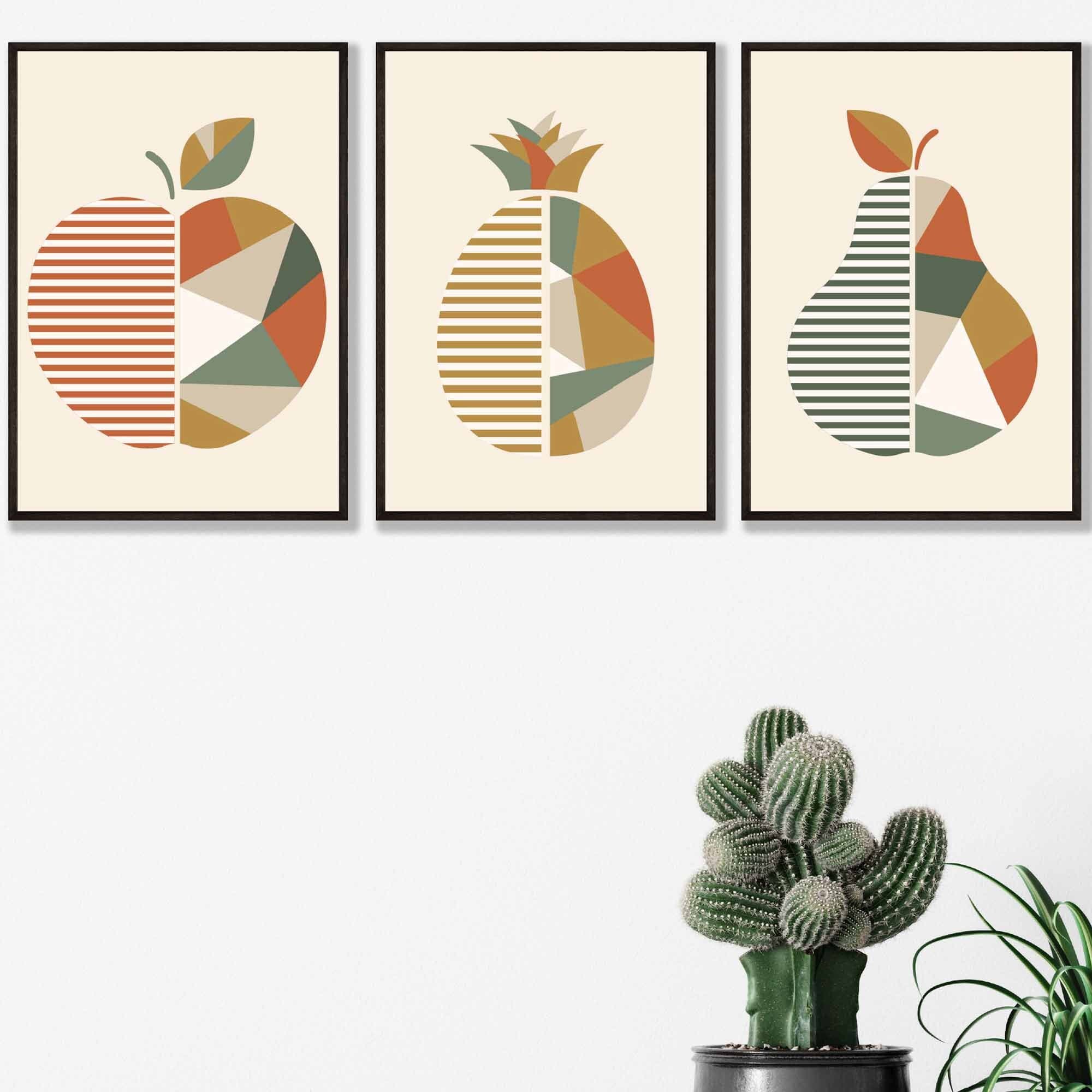 Set of 3 Framed Autumn Geometric Apple Pear Fruit Wall Art in Sage Green, Beige and Orange | Artze Wall Art UK